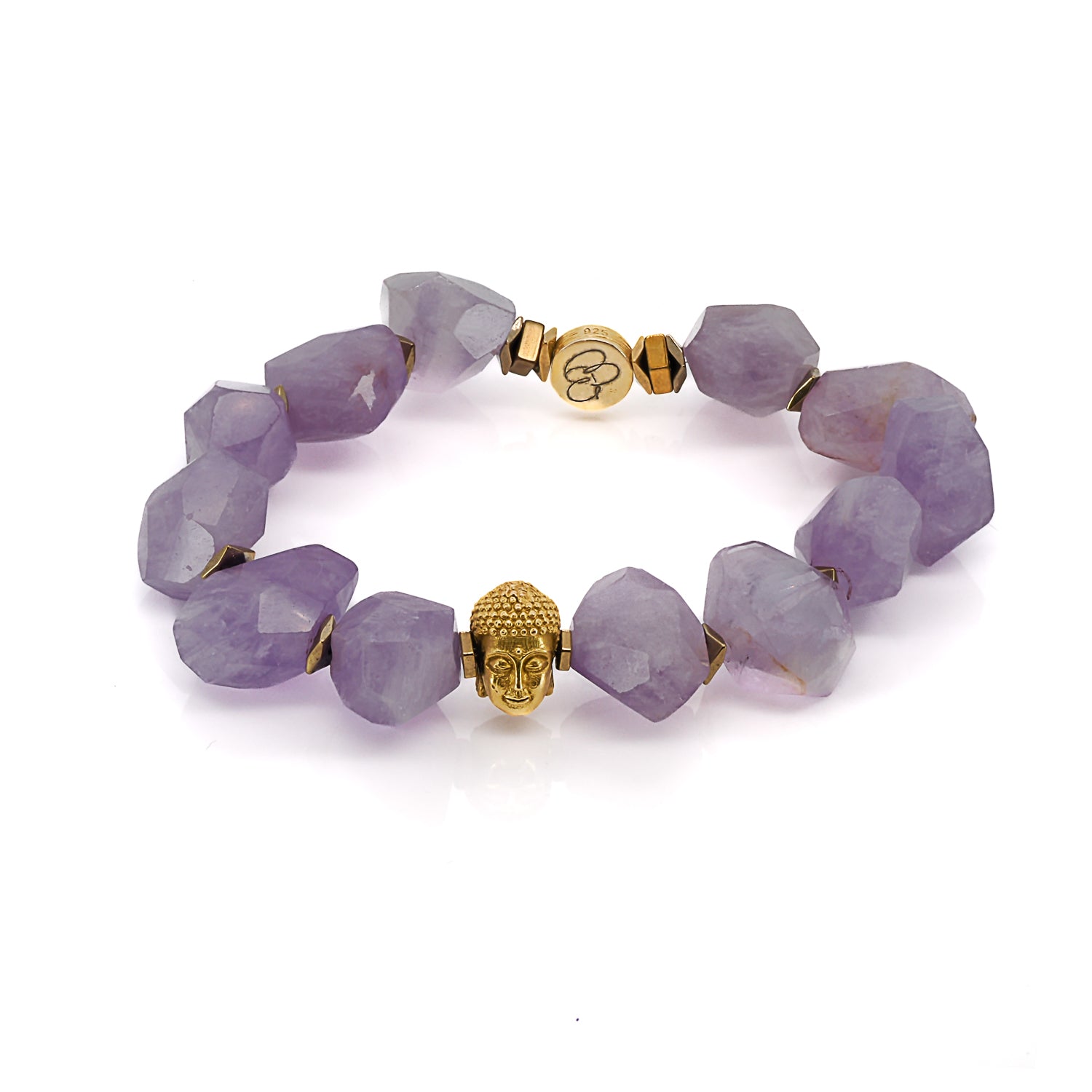 The bracelet's core comprises stunning amethyst stone beads, renowned for their calming and protective properties, making it an ideal choice for those seeking balance and inner peace.
