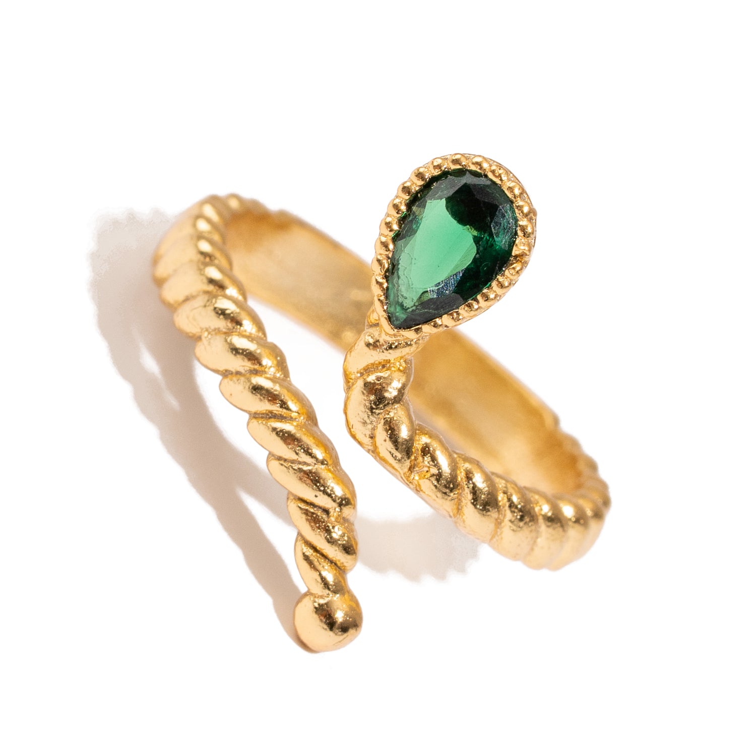 Emerald Glow Teardrop Green Gemstone Gold Adjustable Ring