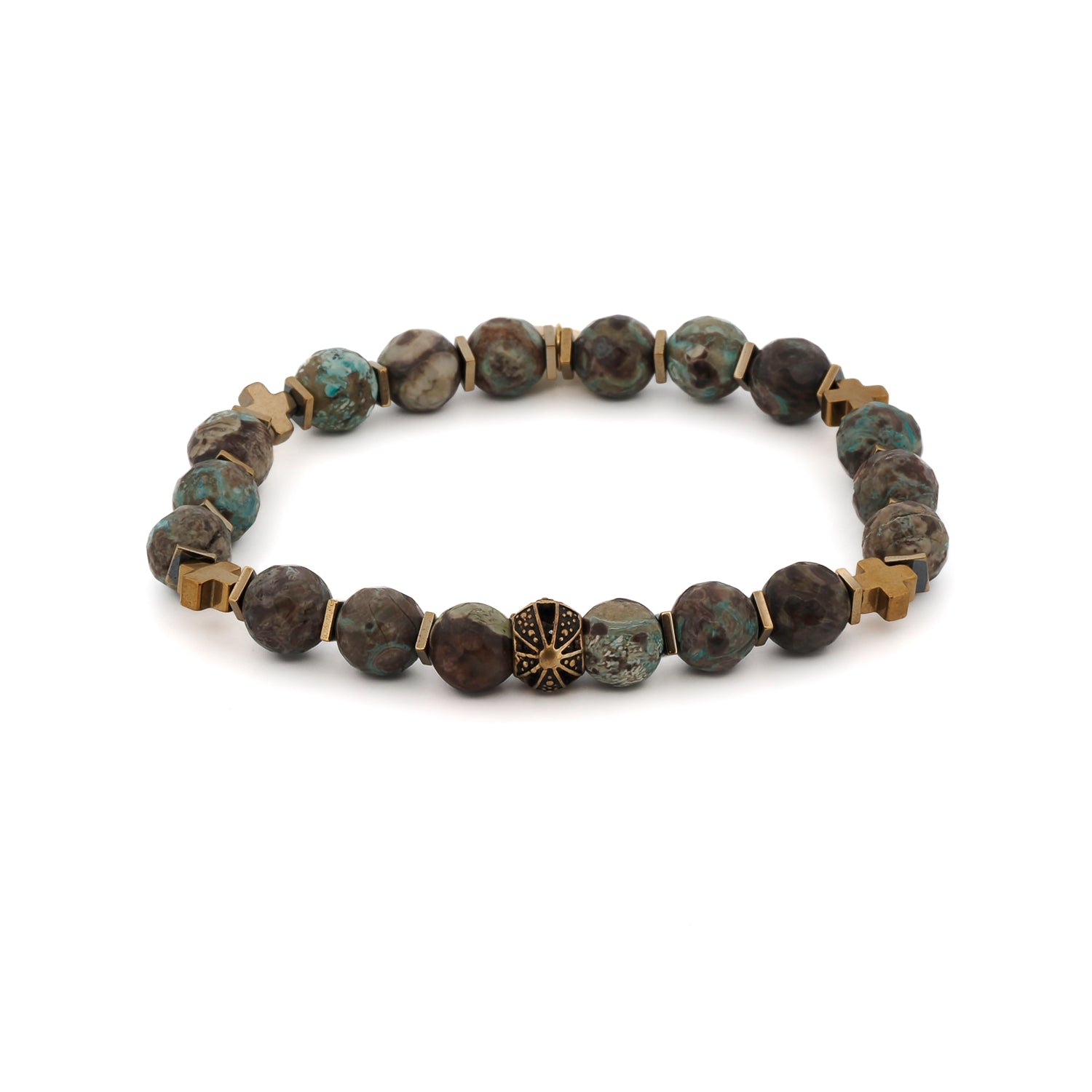 Spiritual bracelet with African Turquoise beads and gold cross charm on sterling silver