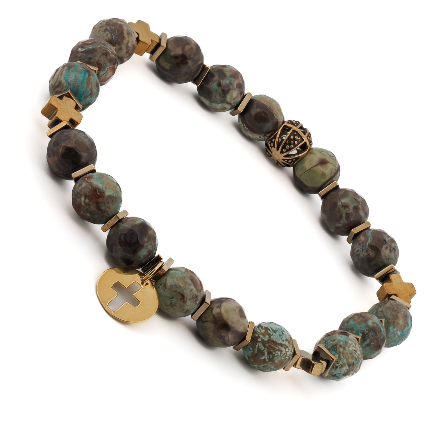 Handmade beaded bracelet featuring African Turquoise stones and an 18K gold cross charm