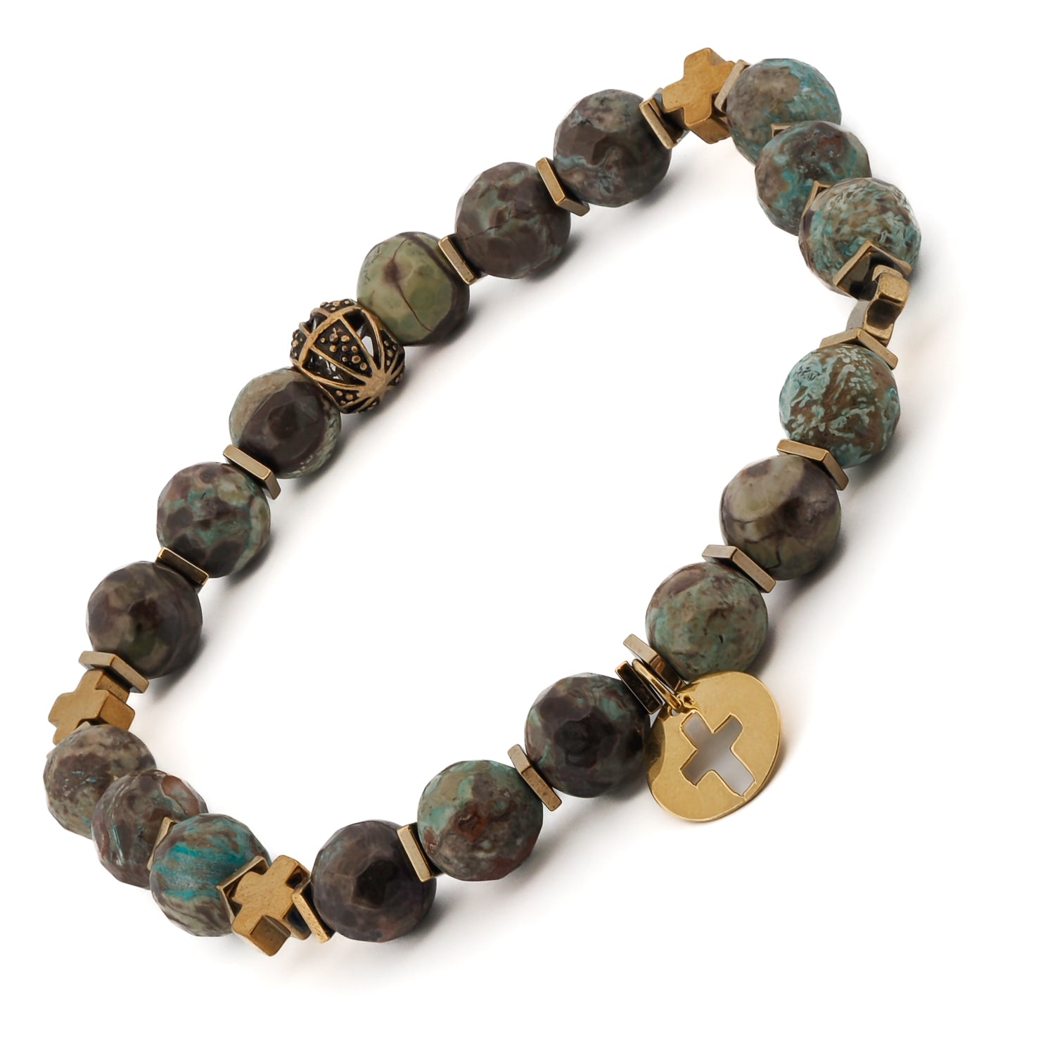 Handmade Spiritual African Turquoise Gold Cross Charm Beaded Bracelet