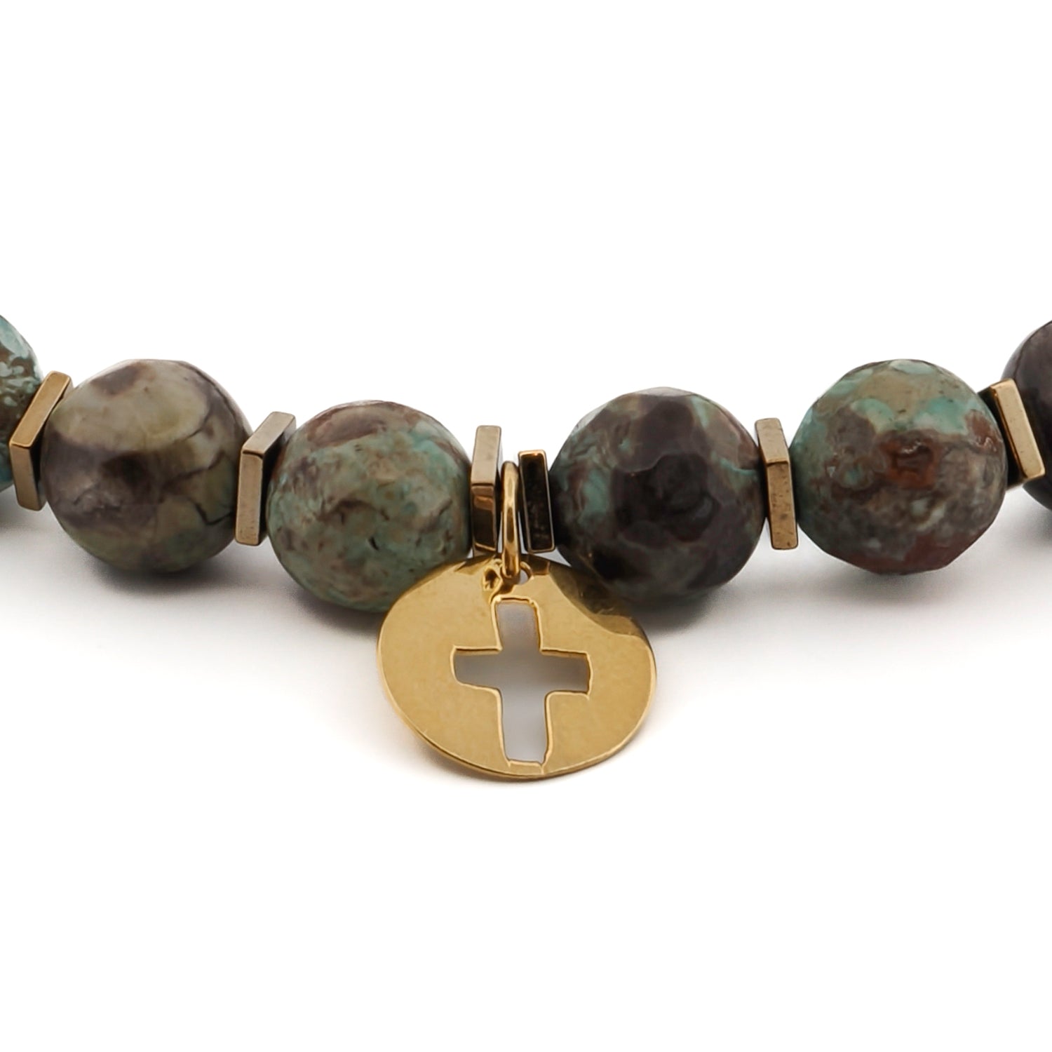 8mm African Turquoise stone bracelet with gold hematite spacers and gold cross charm