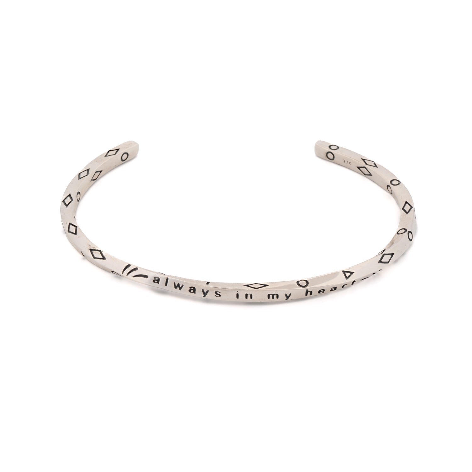 Sterling silver cuff bracelet engraved with "Always In My Heart"