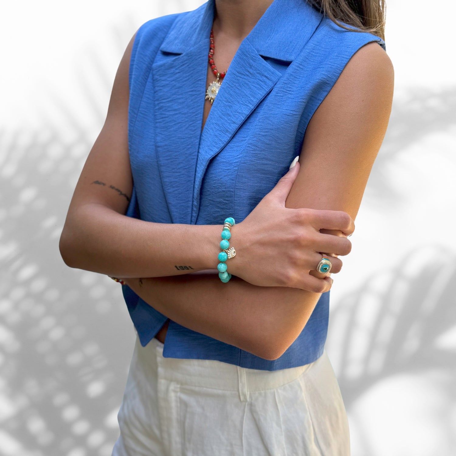 Model Wearing Spiritual Amazonite Stone Bracelet with Evil Eye Protection