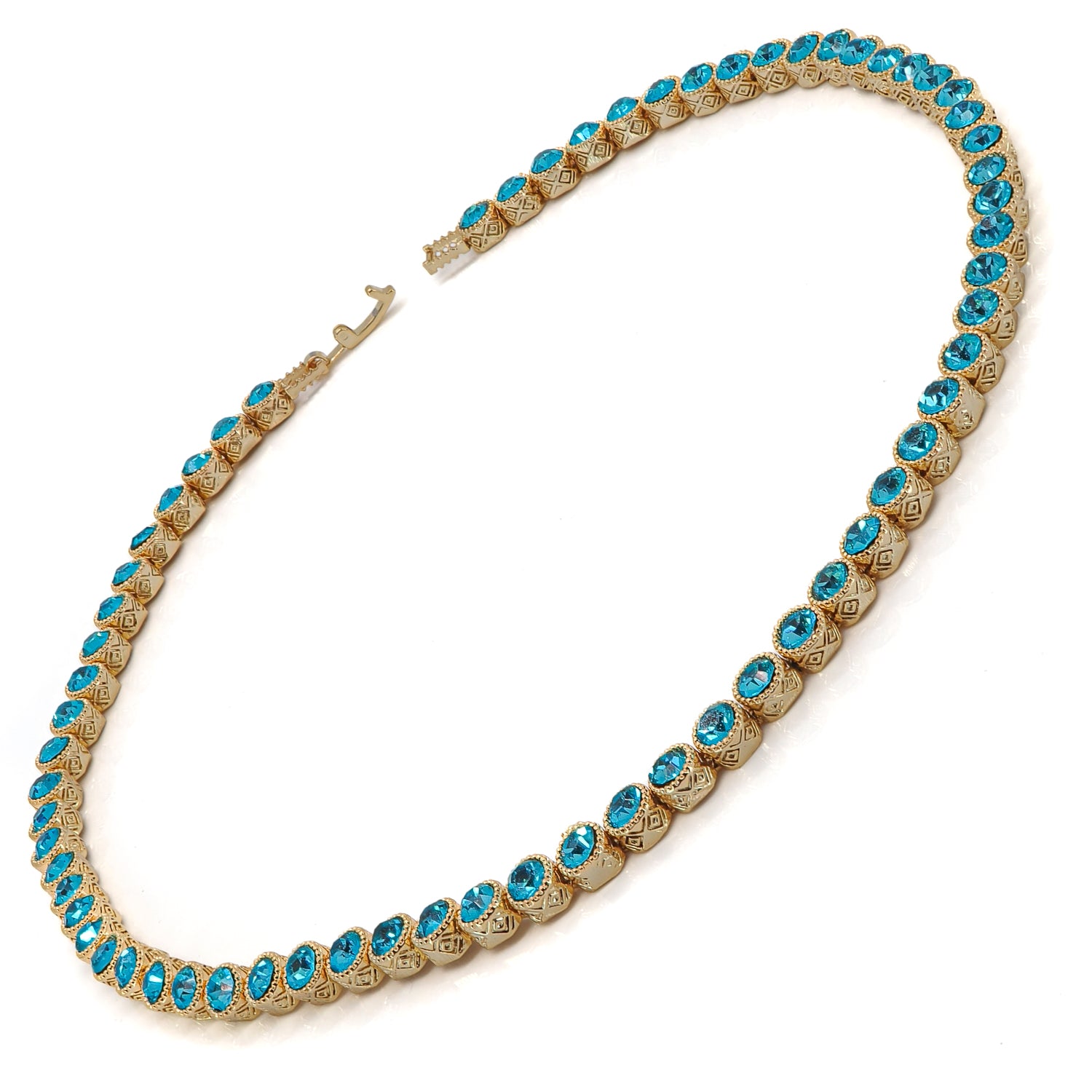 Aquamarine Tennis Necklace for Emotional Balance and Clarity, Gold-Plated on Bronze