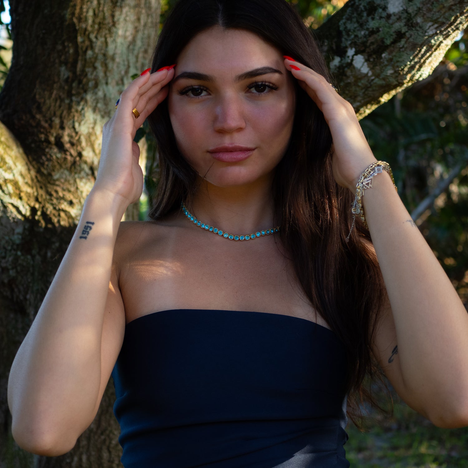 Mystic Aquamarine Tennis Necklace, Gold-Plated on Bronze, for Calmness and Spiritual Energy