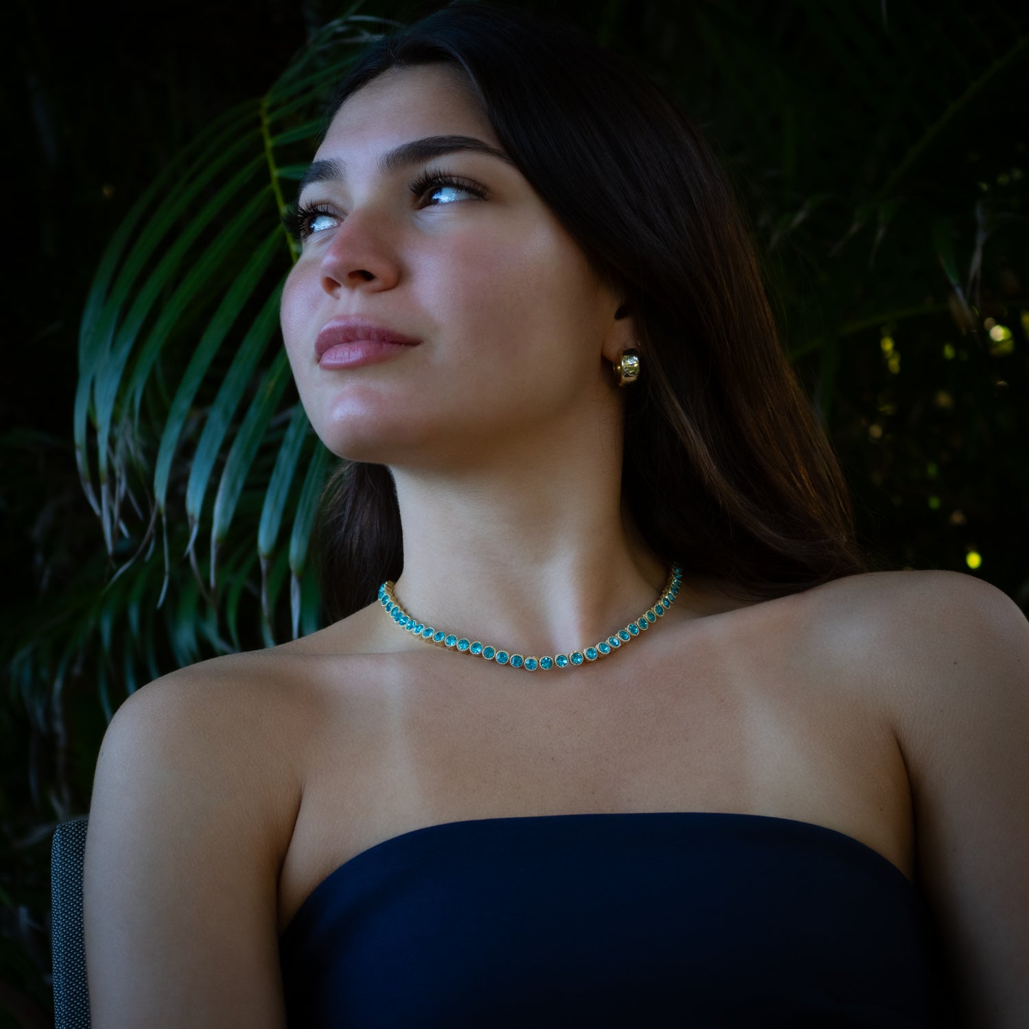 Aquamarine Stone Tennis Necklace, Gold-Plated on Bronze, for Tranquility and Confidence