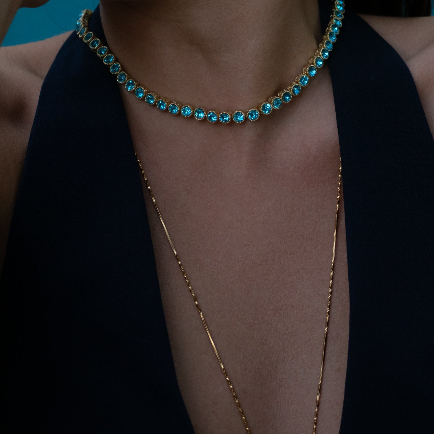 Gold-Plated Aquamarine Tennis Necklace, a Mystical Piece for Calmness and Clarity