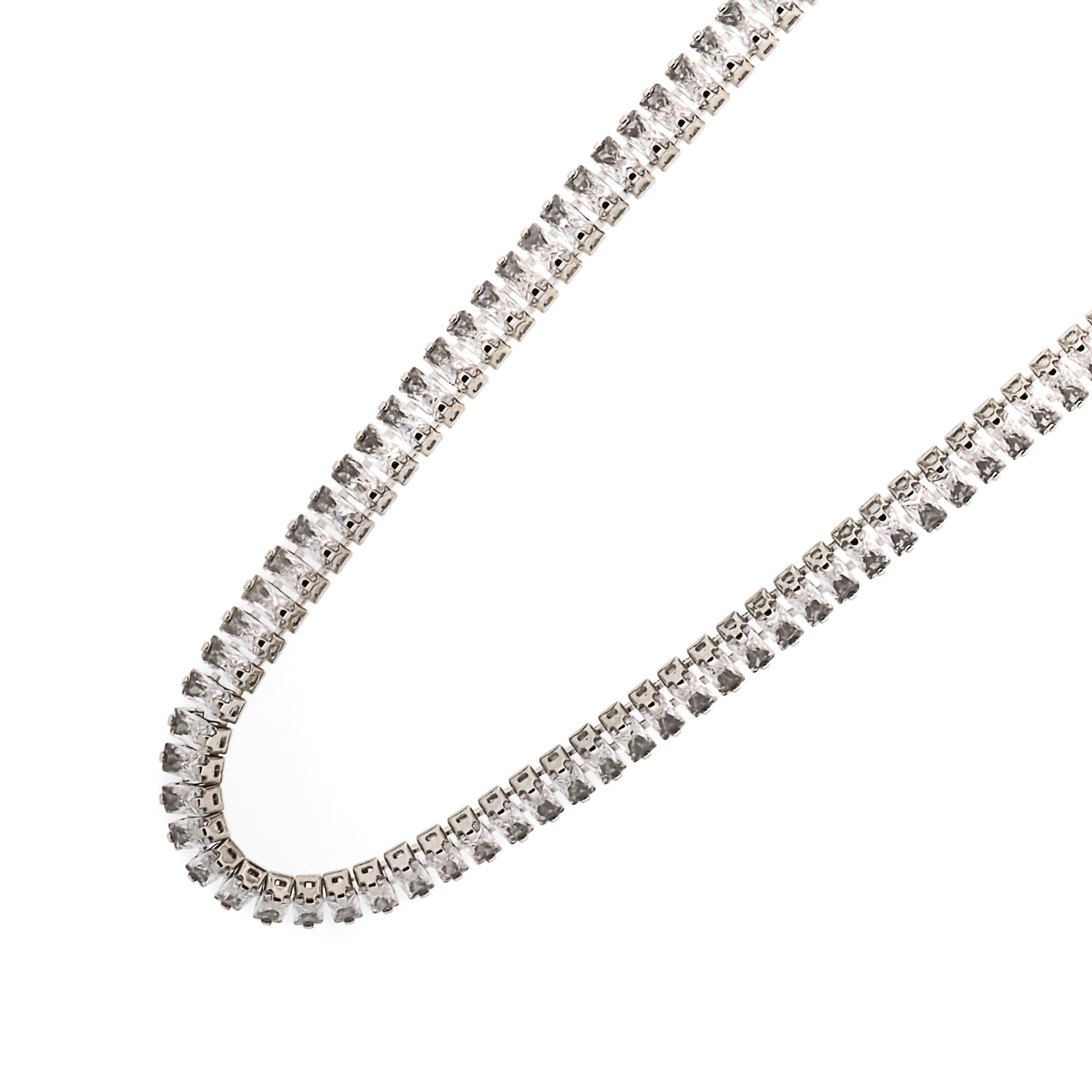 Modern silver choker necklace with baguette CZ diamonds, designed for elegance and versatility with an adjustable length