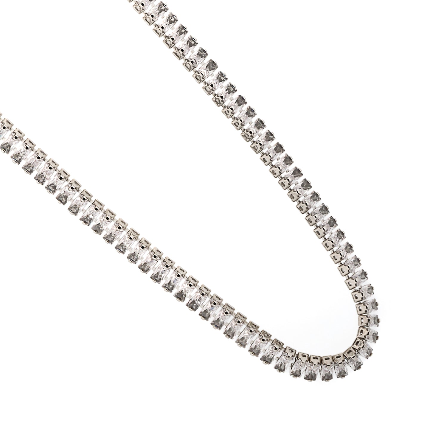 Sparkling baguette diamond silver choker, adjustable between 14'' and 15'' for a perfect fit and elegant appearance