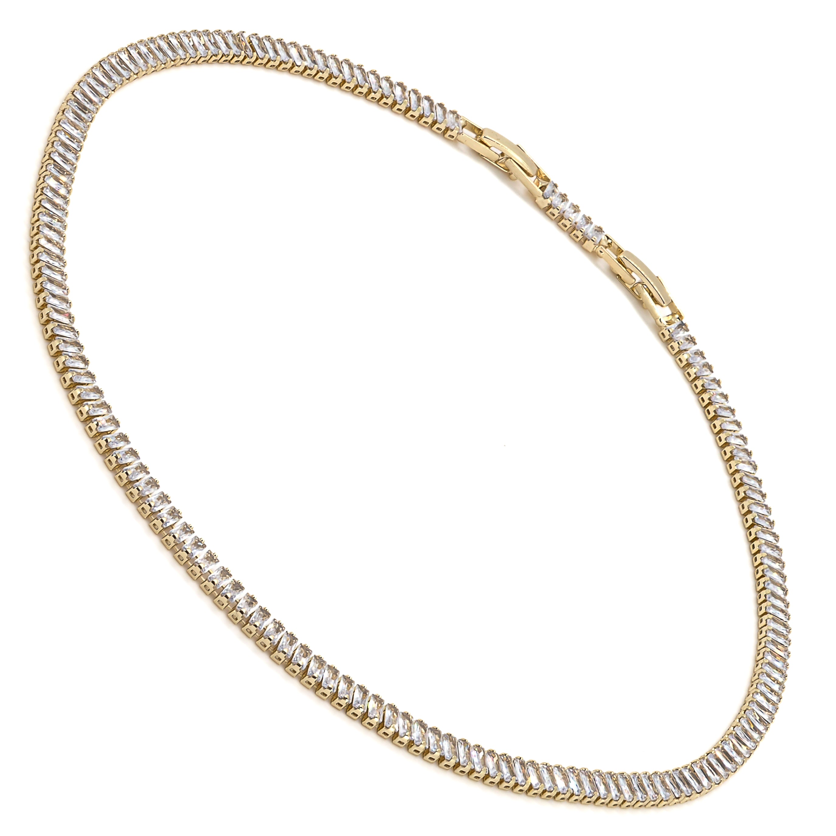Baguette Diamond Gold Choker Necklace in gold-plated brass, adding a touch of glamour to your ensemble.