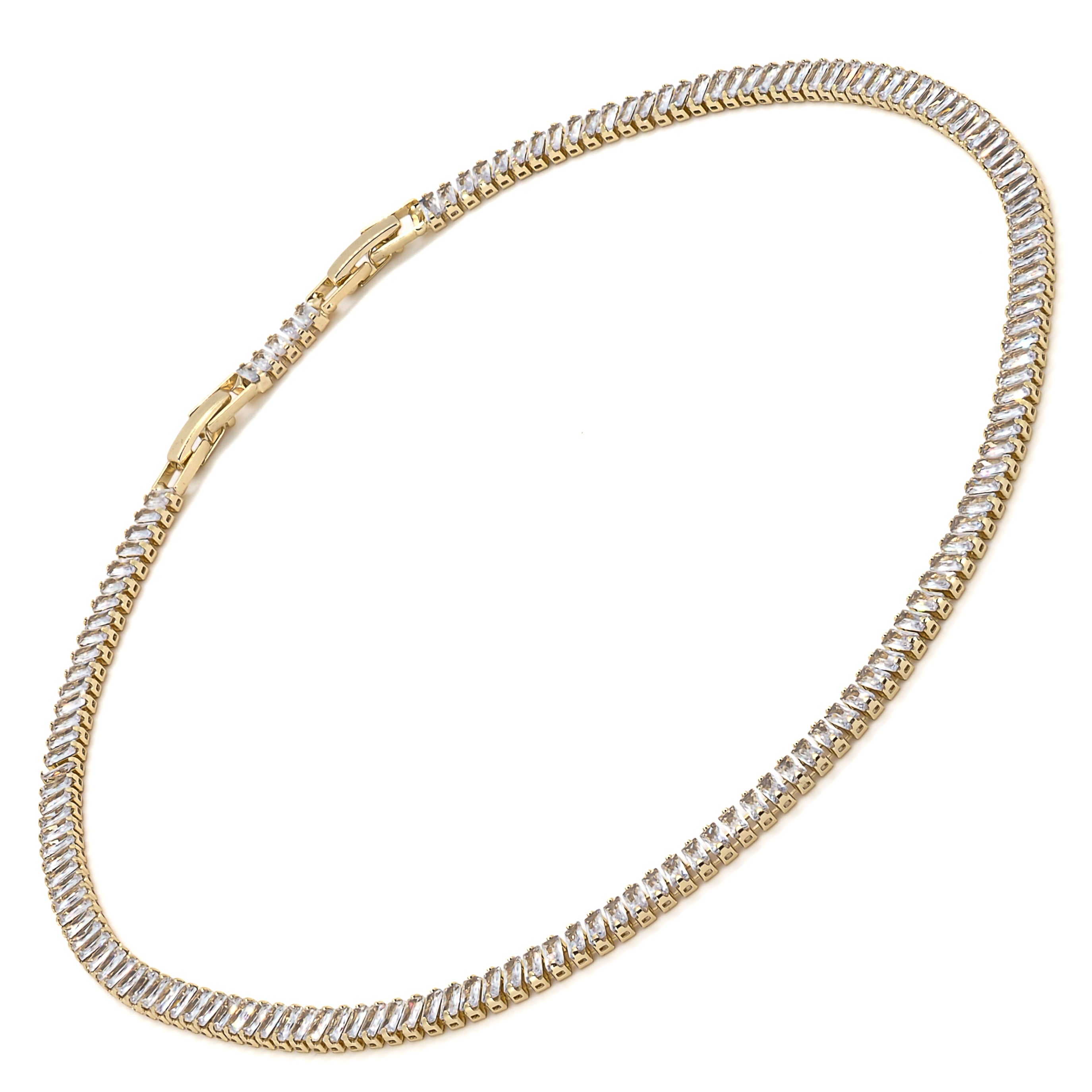 Stunning Baguette Diamond Gold Choker Necklace with CZ Diamonds, a harmonious blend of luxury and style.
