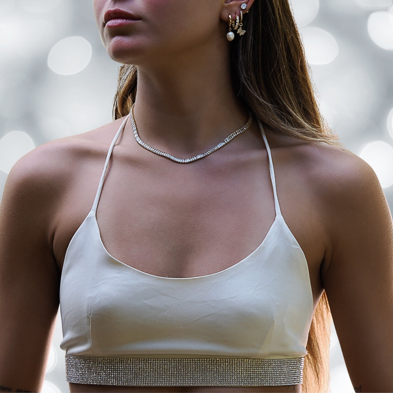 Model wearing the Baguette Diamond Gold Choker Necklace, showcasing its elegance and sophistication.