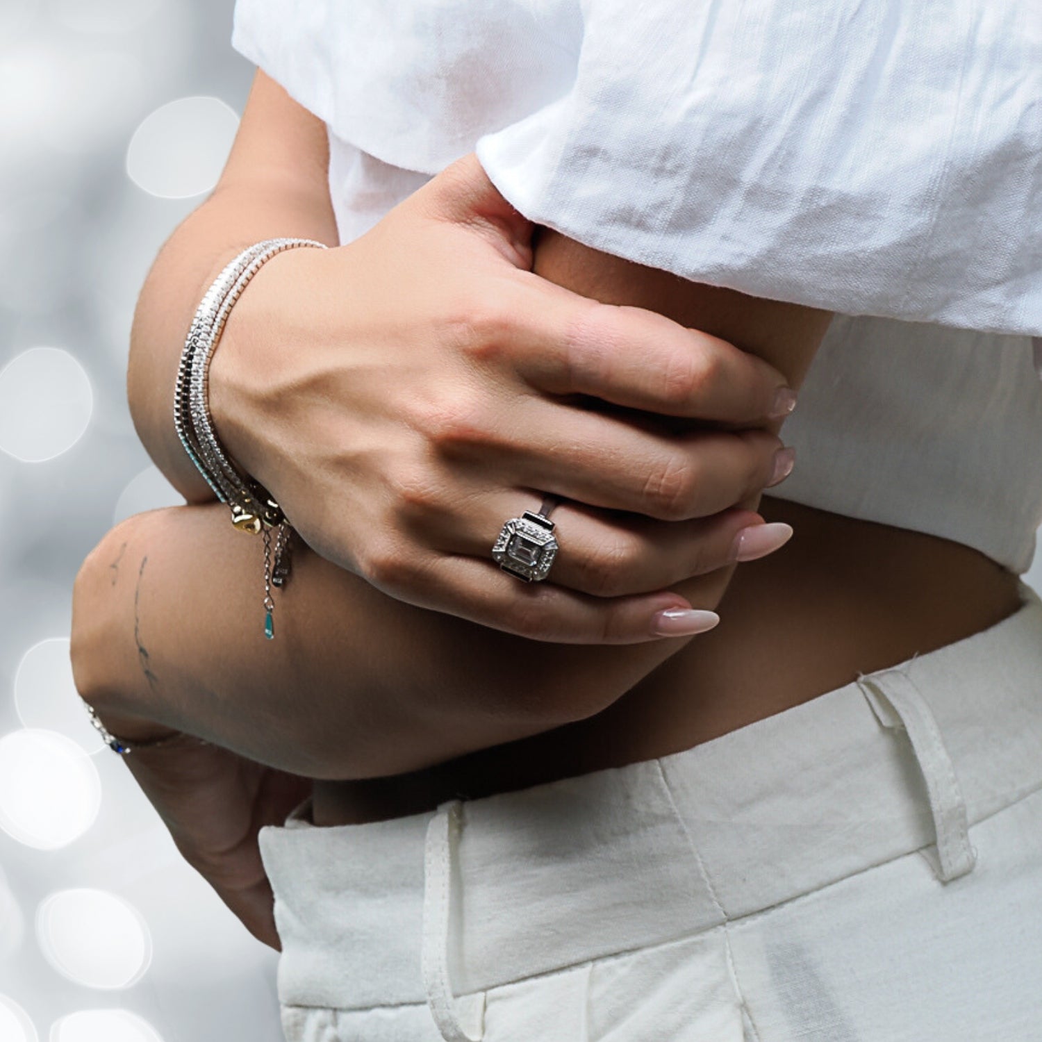 Model Flaunting Black Enamel & Diamond Ring - Modern Elegance