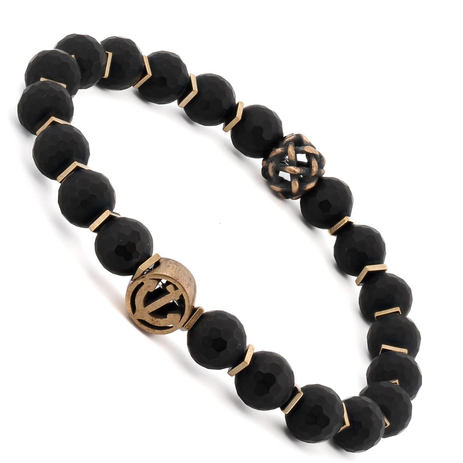 Men's Black Onyx Stone Anchor Bracelet with Bronze Charm