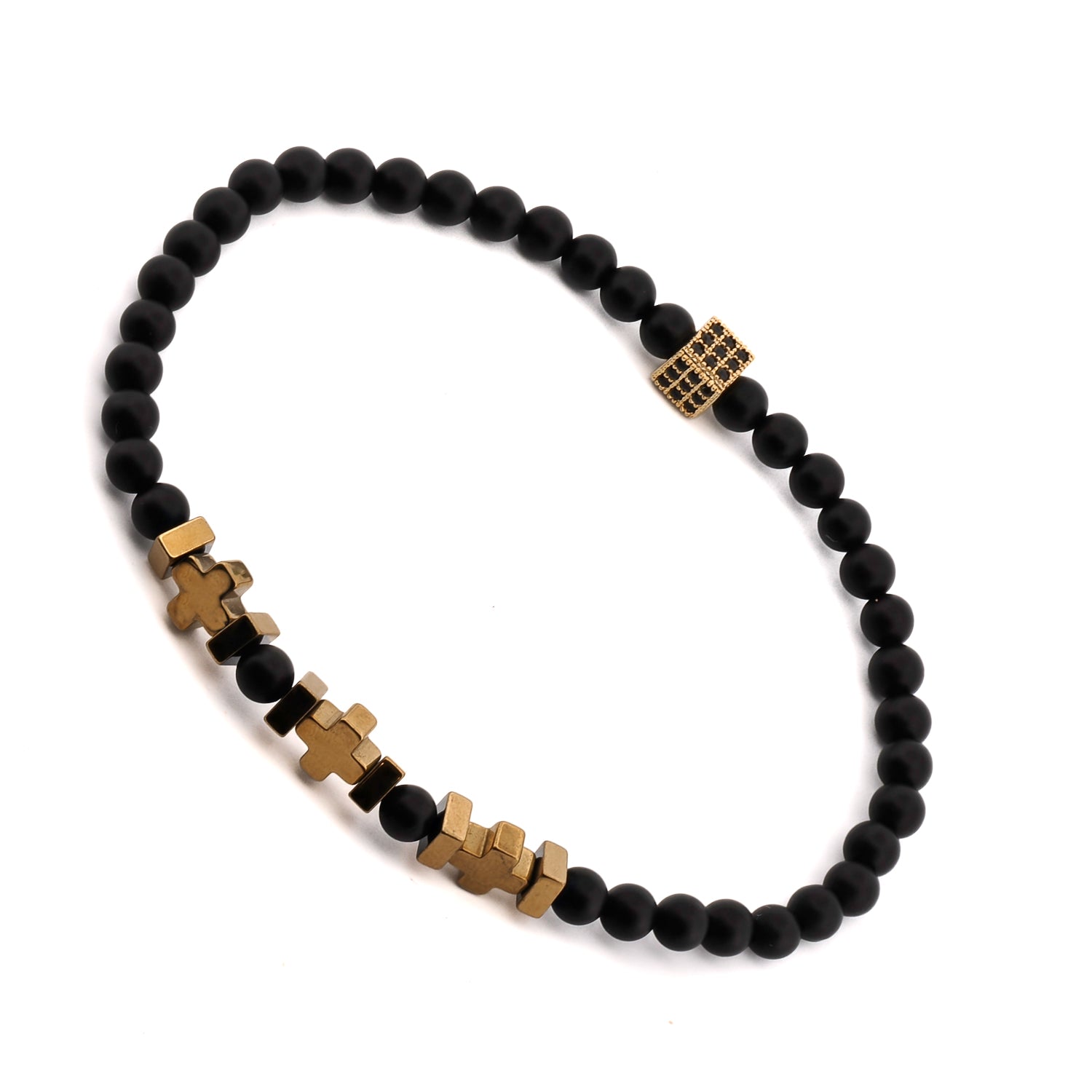 Handmade men's stretch bracelet with grounding black onyx and polished gold hematite.