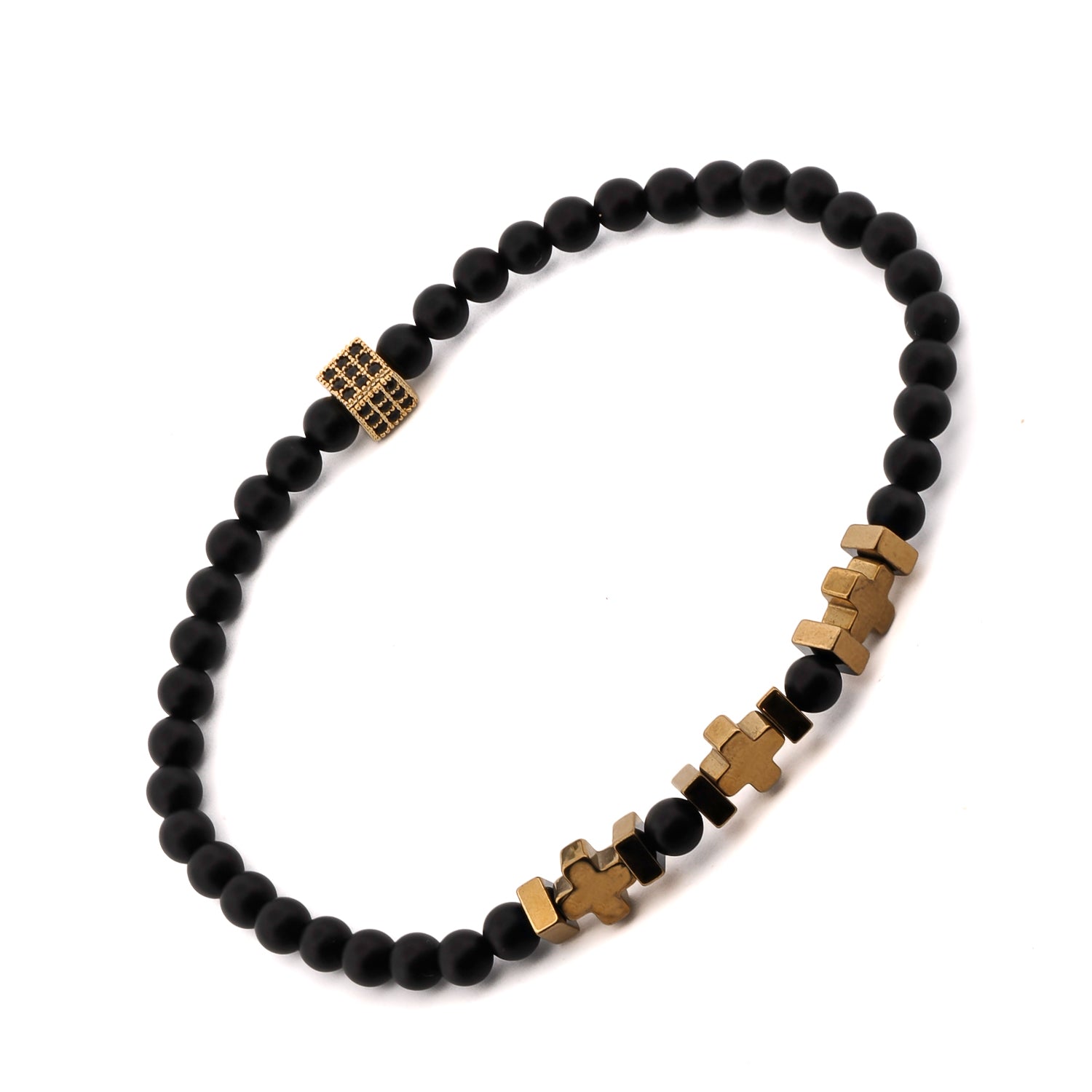 Sophisticated men's bracelet with black onyx and gold tones, perfect for formal or daily wear.