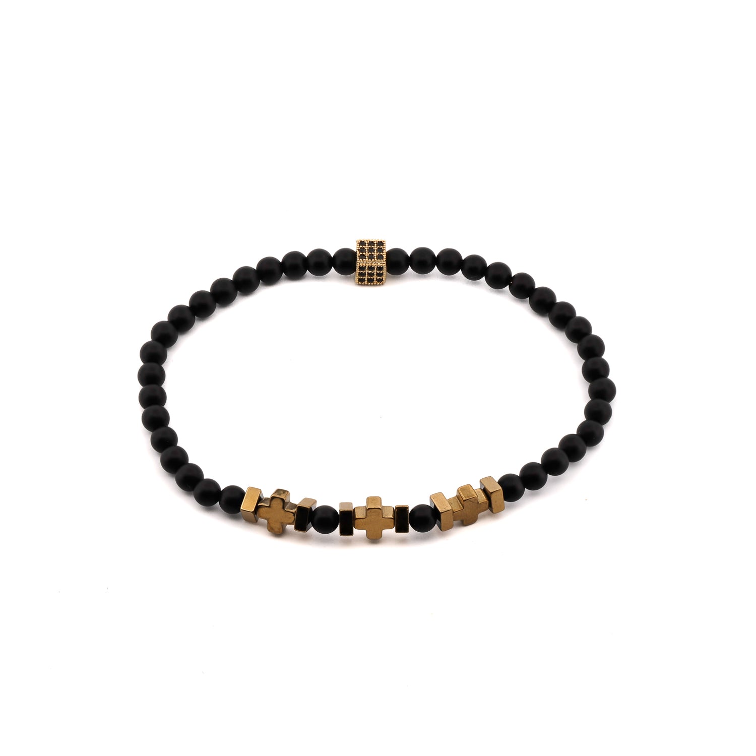 Sleek 4mm black onyx bracelet accented with shimmering gold hematite and luxury gold detail.