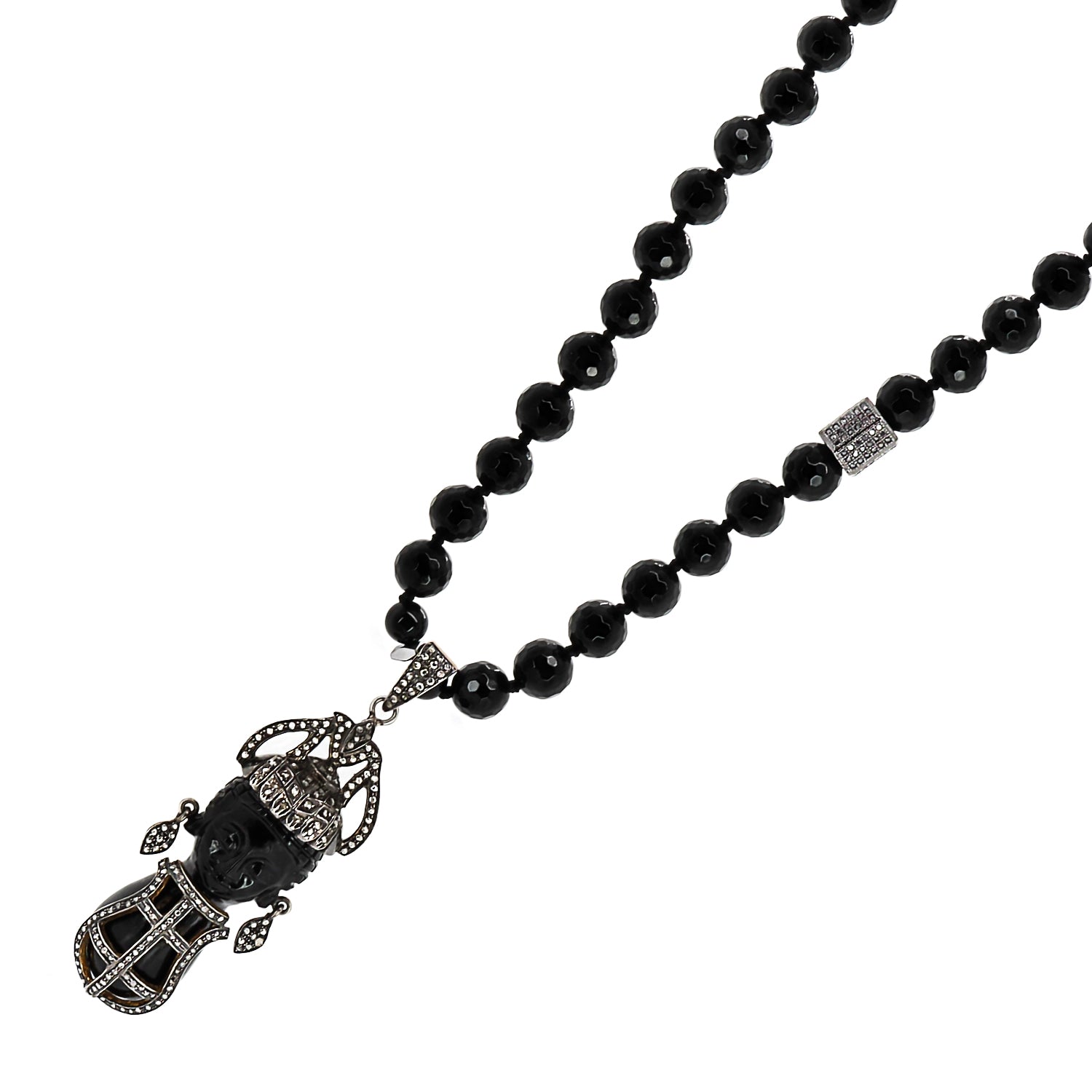 Unique necklace featuring a pave diamond pendant of a black woman, set against 8mm black onyx stone beads and sterling silver accents