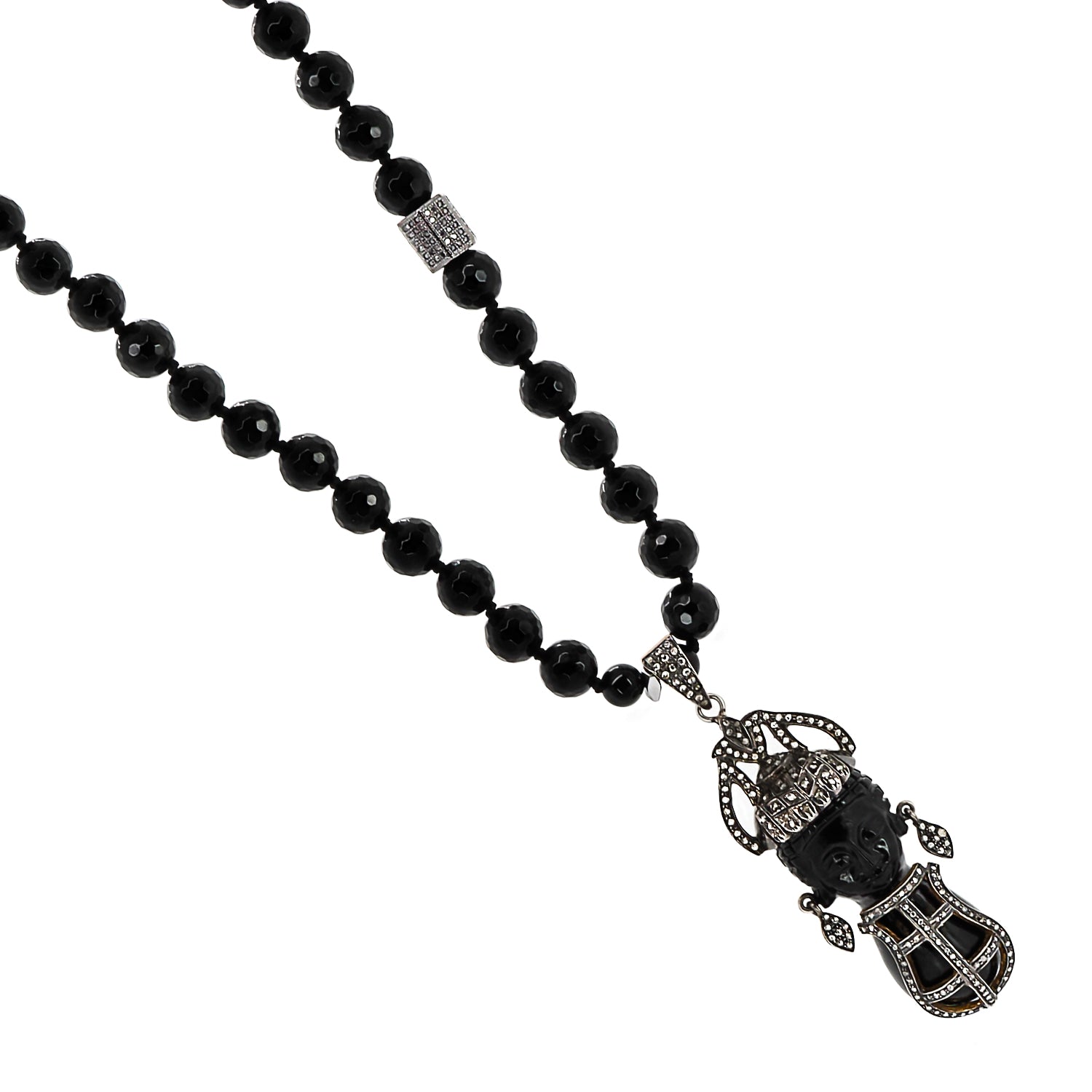 African Queen pendant necklace with black onyx beads and sparkling pave diamonds, showcasing a blend of luxury and cultural artistry