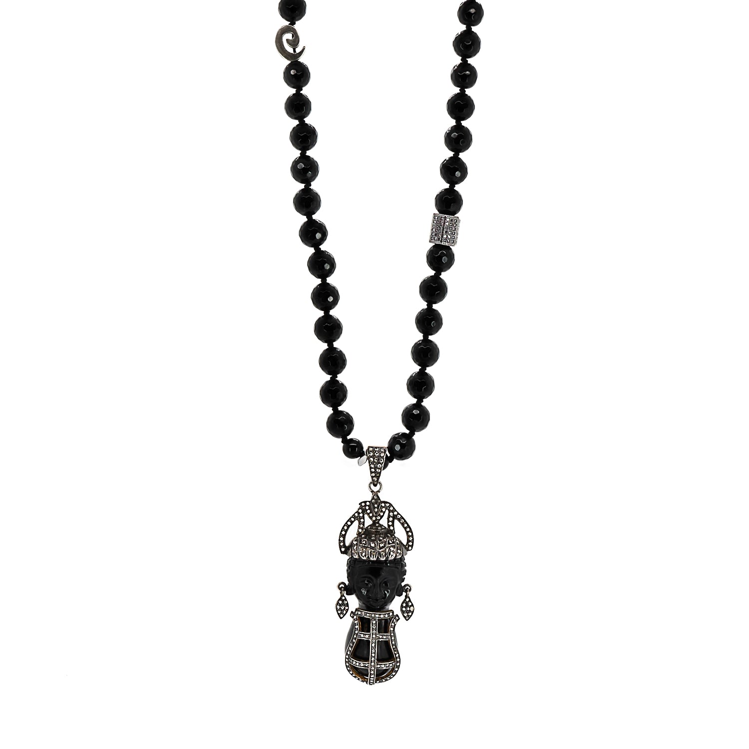 Sterling silver and black onyx necklace with a striking pave diamond pendant, reflecting modern sophistication and traditional beauty
