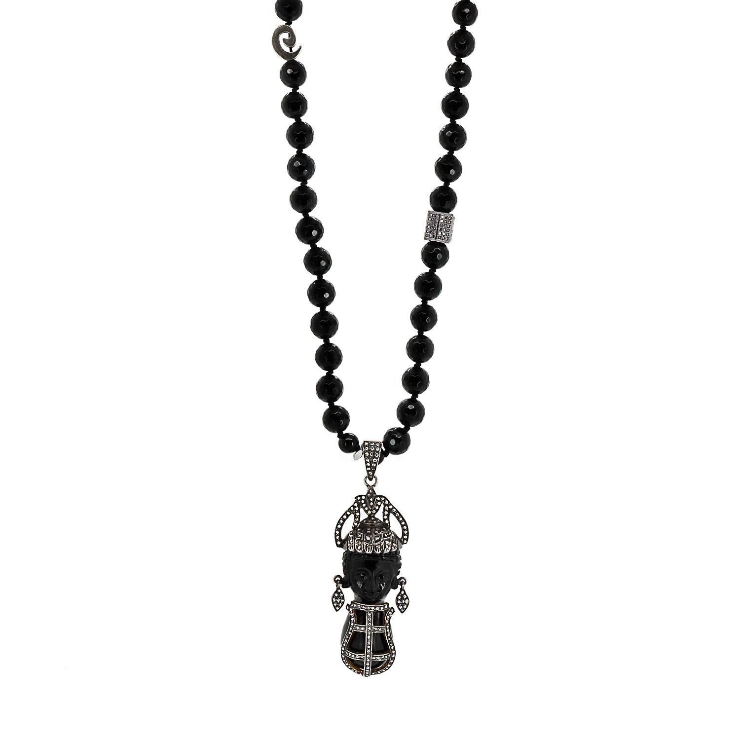 African Queen Pave Diamond Pendant Black Onyx Stone Beaded Necklace