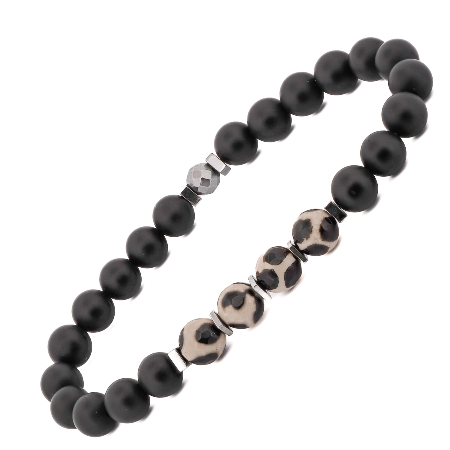 8mm Black Onyx and Tibetan Agate Bracelet