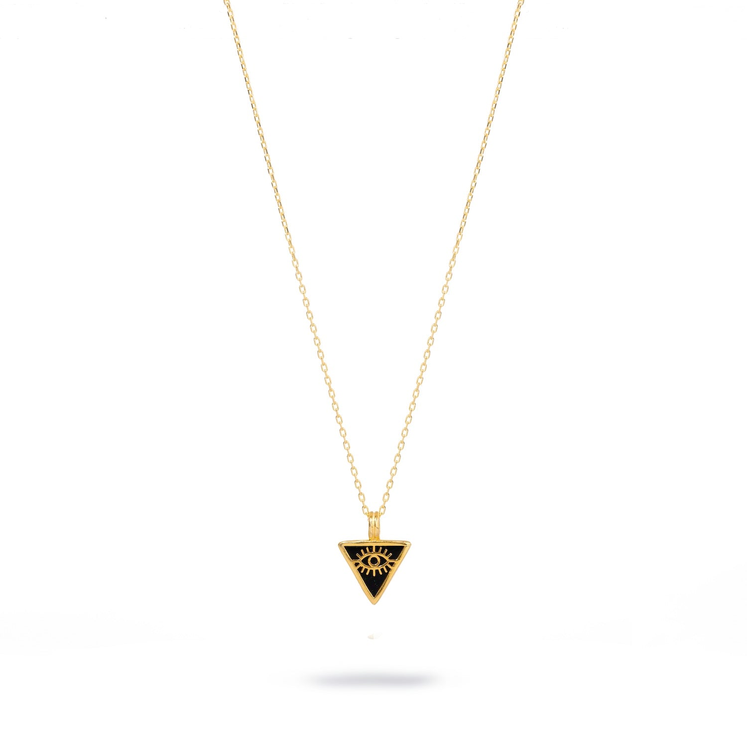 Refined necklace featuring a black onyx triangle pendant and a gold evil eye talisman, set in 18k gold-plated sterling silver.