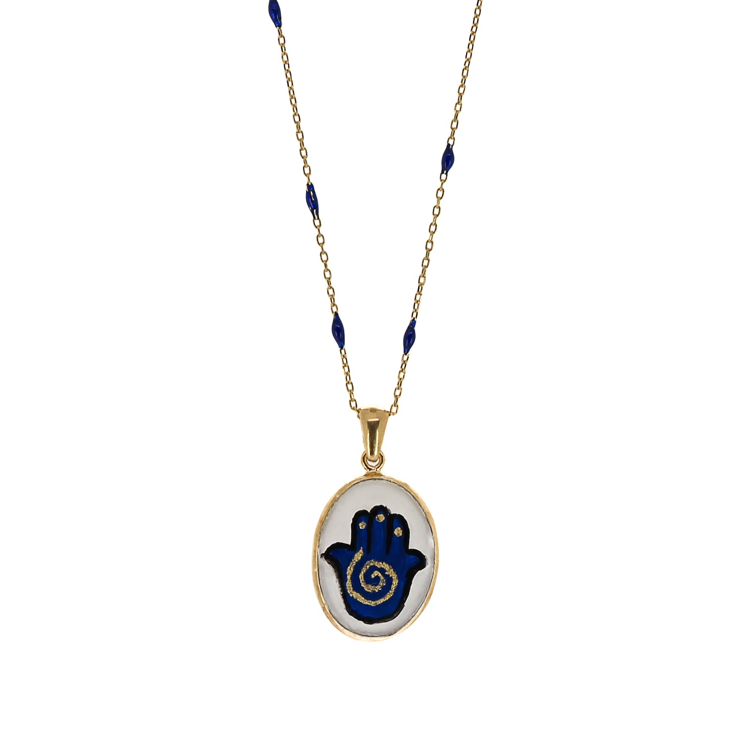 Hamsa Good Fortune Blue & Gold Chain Necklace with Blue Enamel - A Symbol of Protection and Blessings.