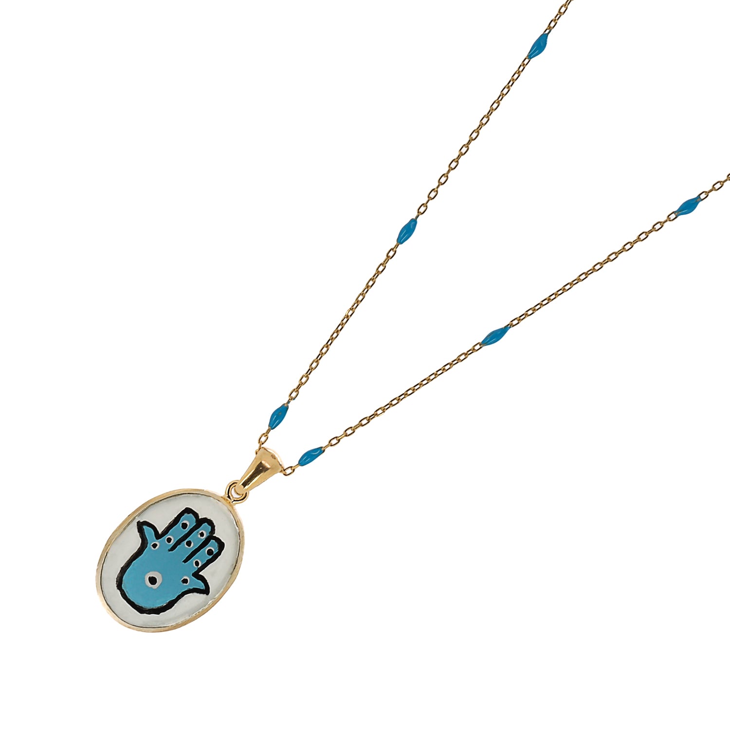 Elegant Silver Hamsa Hand Pendant Necklace with 18K Gold Plated Chain.