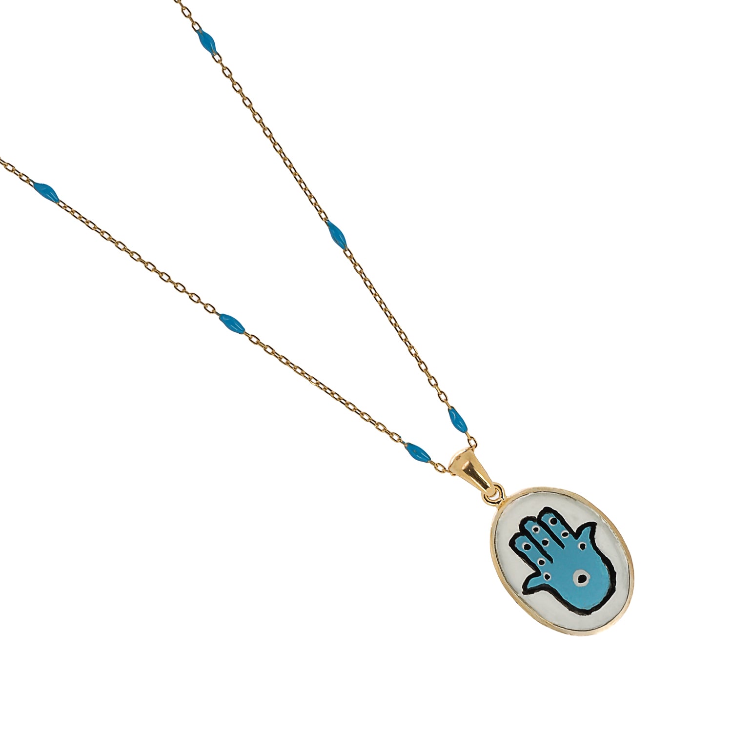 Sterling Silver Hamsa Pendant with Graceful Curves and Turquoise Enamel Detailing.