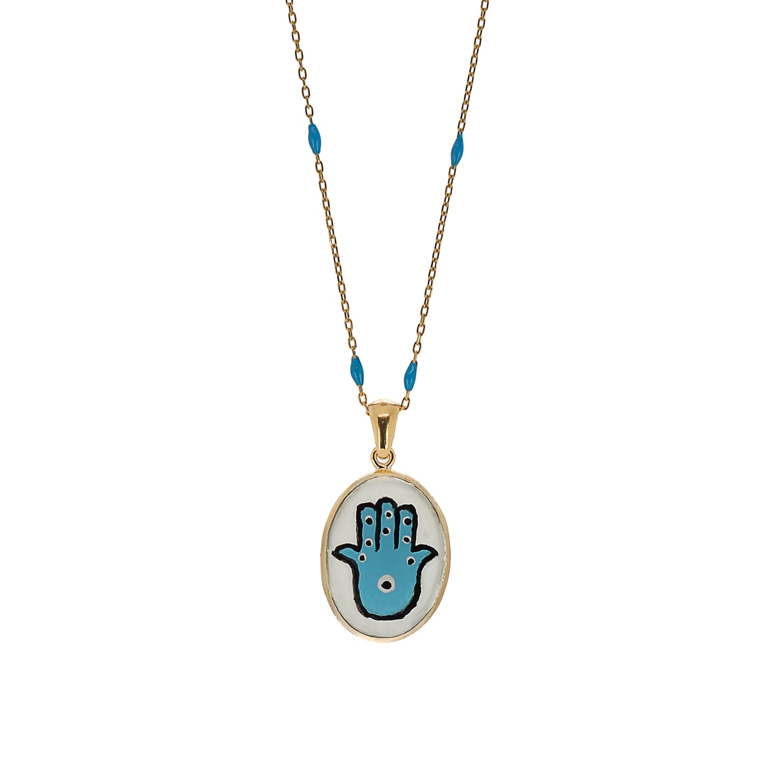Sterling Silver Hamsa Hand Necklace with Turquoise Enamel - A Symbol of Protection and Meaning.