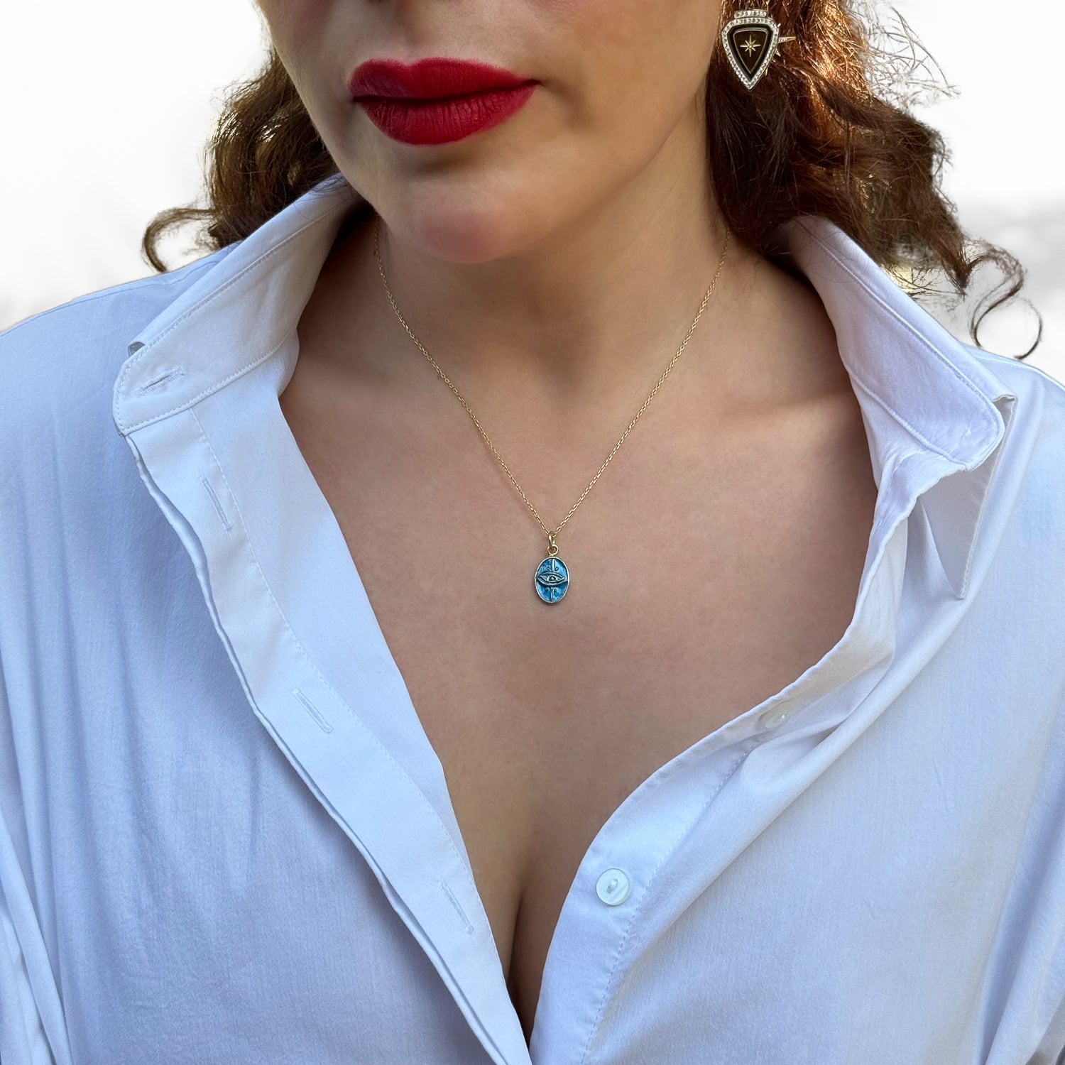 Minimalist Gold Necklace with Blue Enamel Evil Eye Symbol