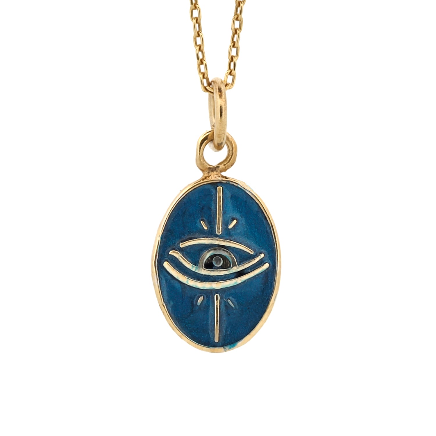 Gold Pendant Necklace with Blue Enamel Evil Eye