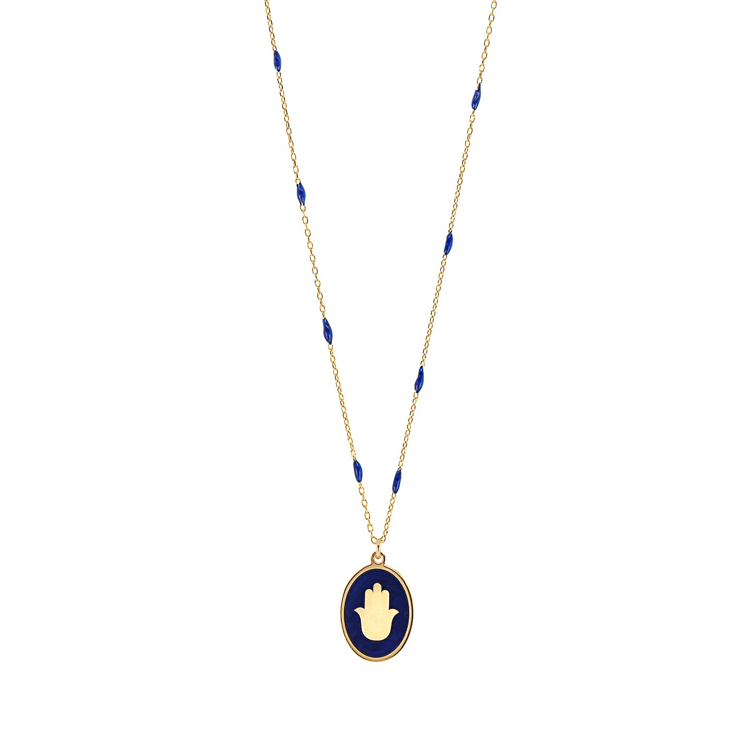 Gold and Blue Enamel Hamsa Hand Pendant - Symbolizing Protection and Blessings.