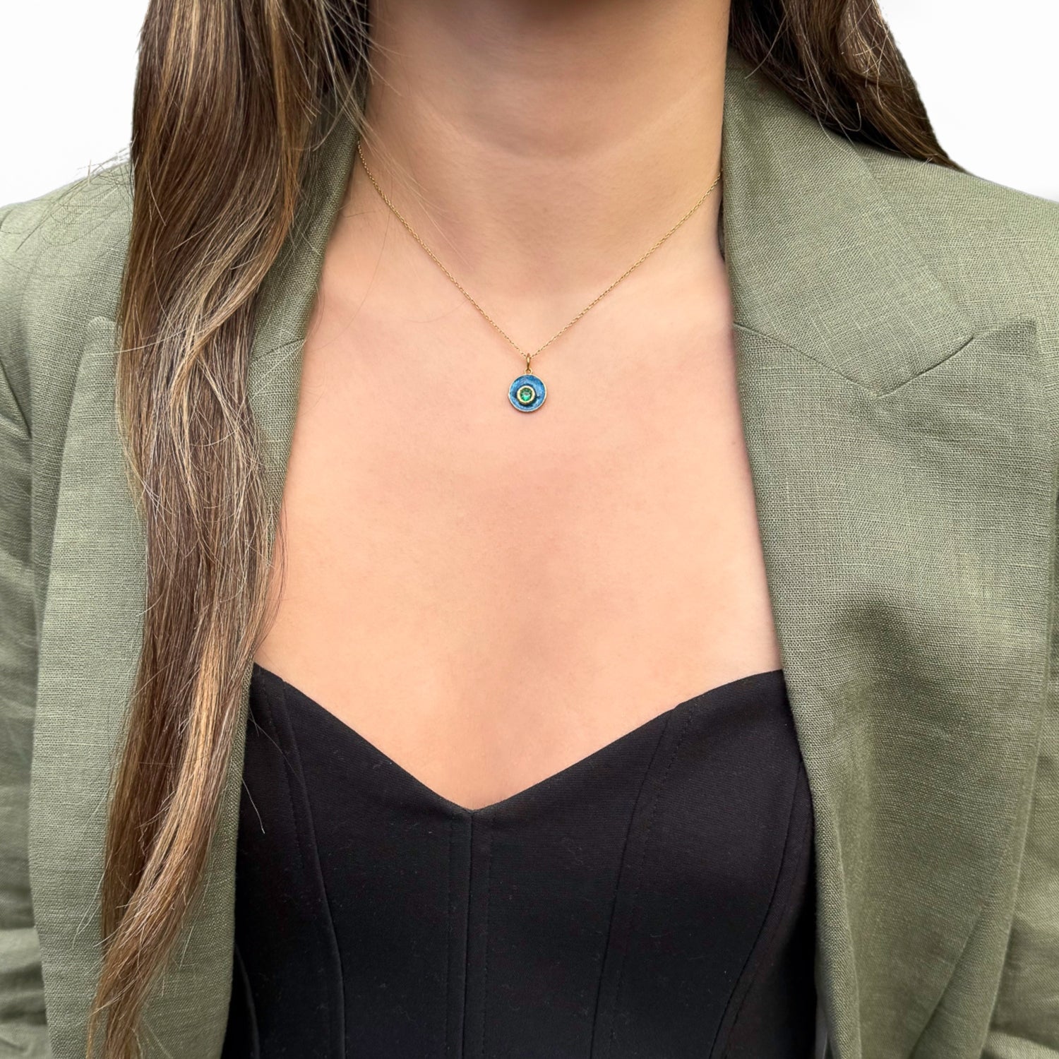 18K Gold Plated Evil Eye Necklace with Jade Stone and Blue Enamel