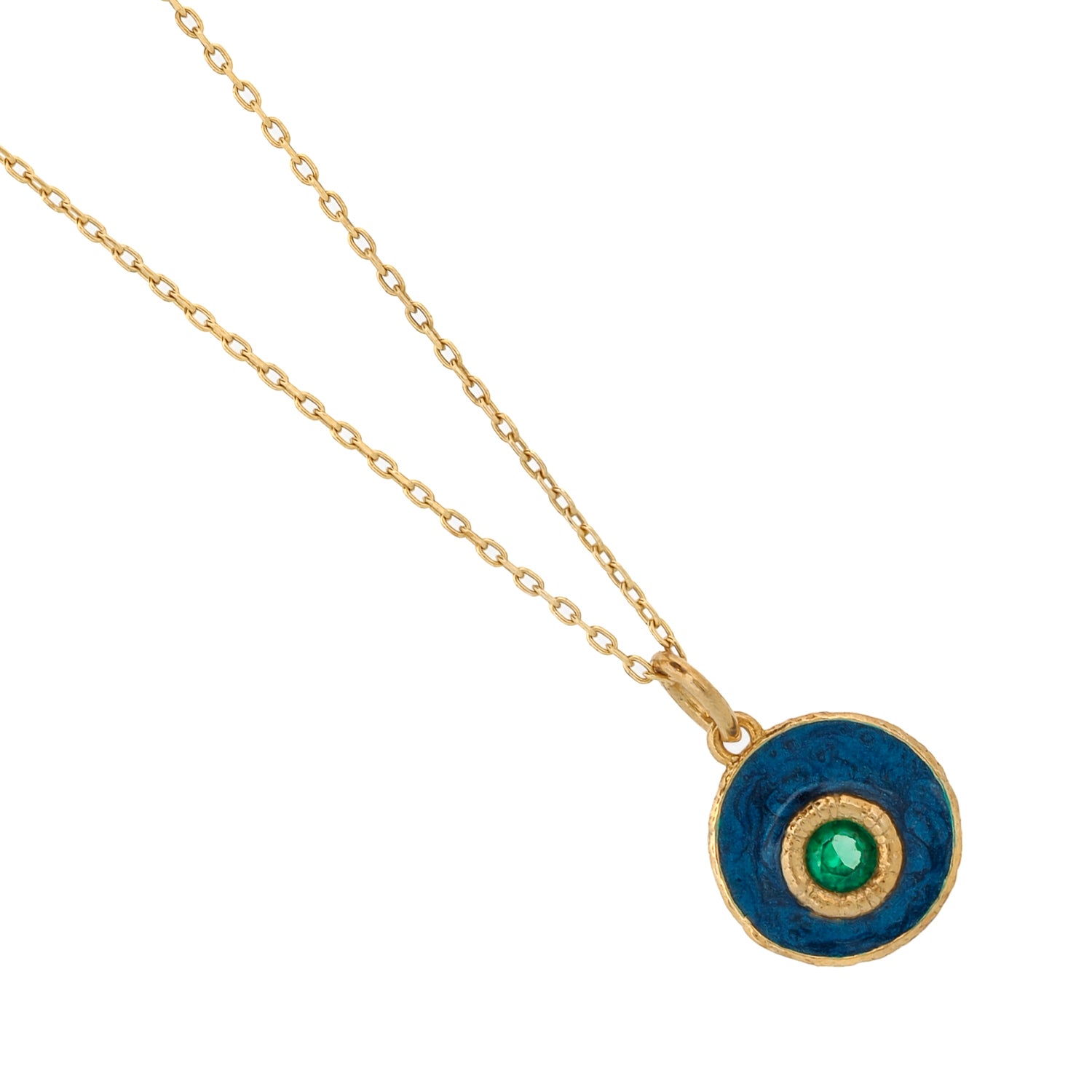 Blue Enamel and Green Jade Evil Eye Gold Pendant Necklace