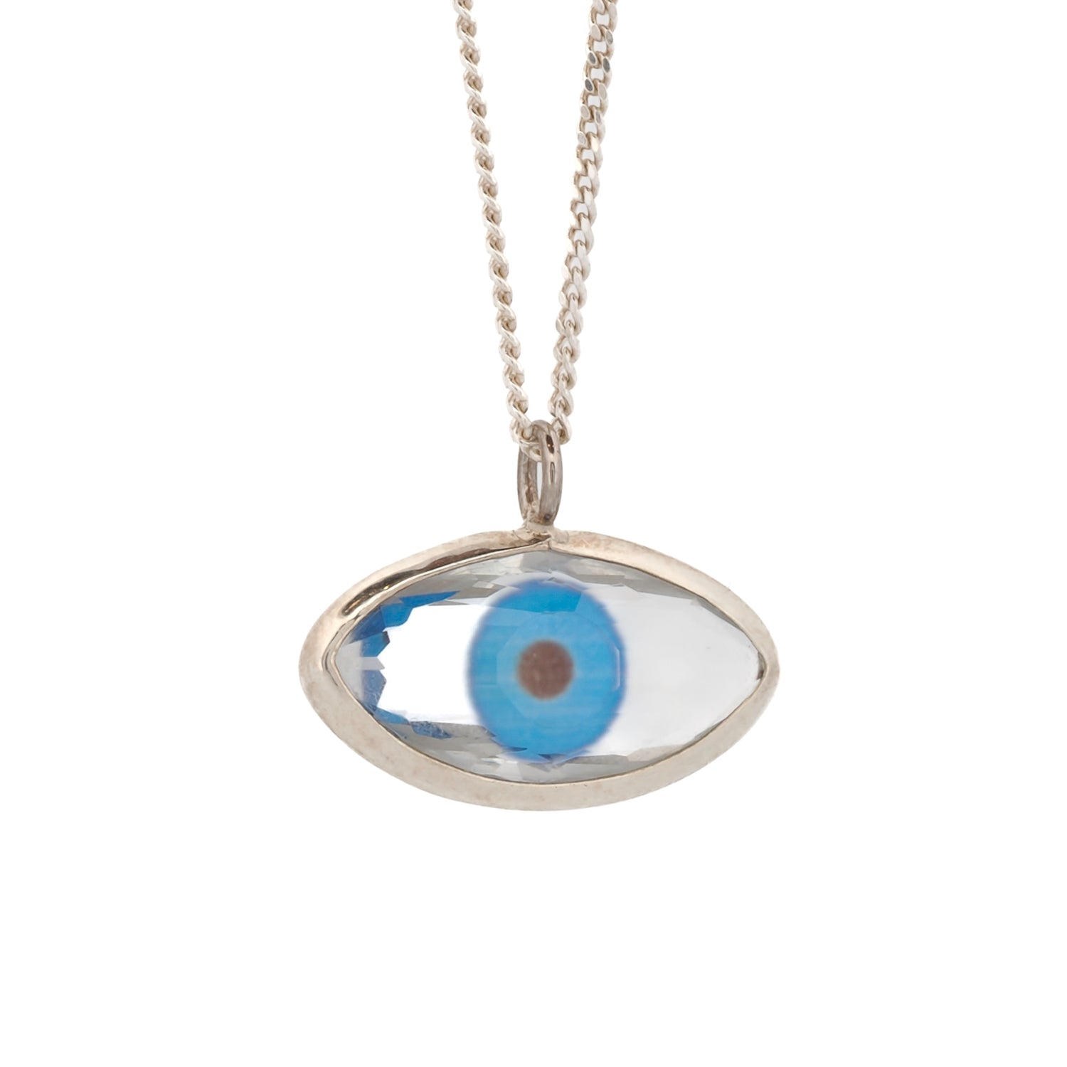Protective Blue Evil Eye Glass Pendant Sterling Silver Necklace with 925 sterling silver.