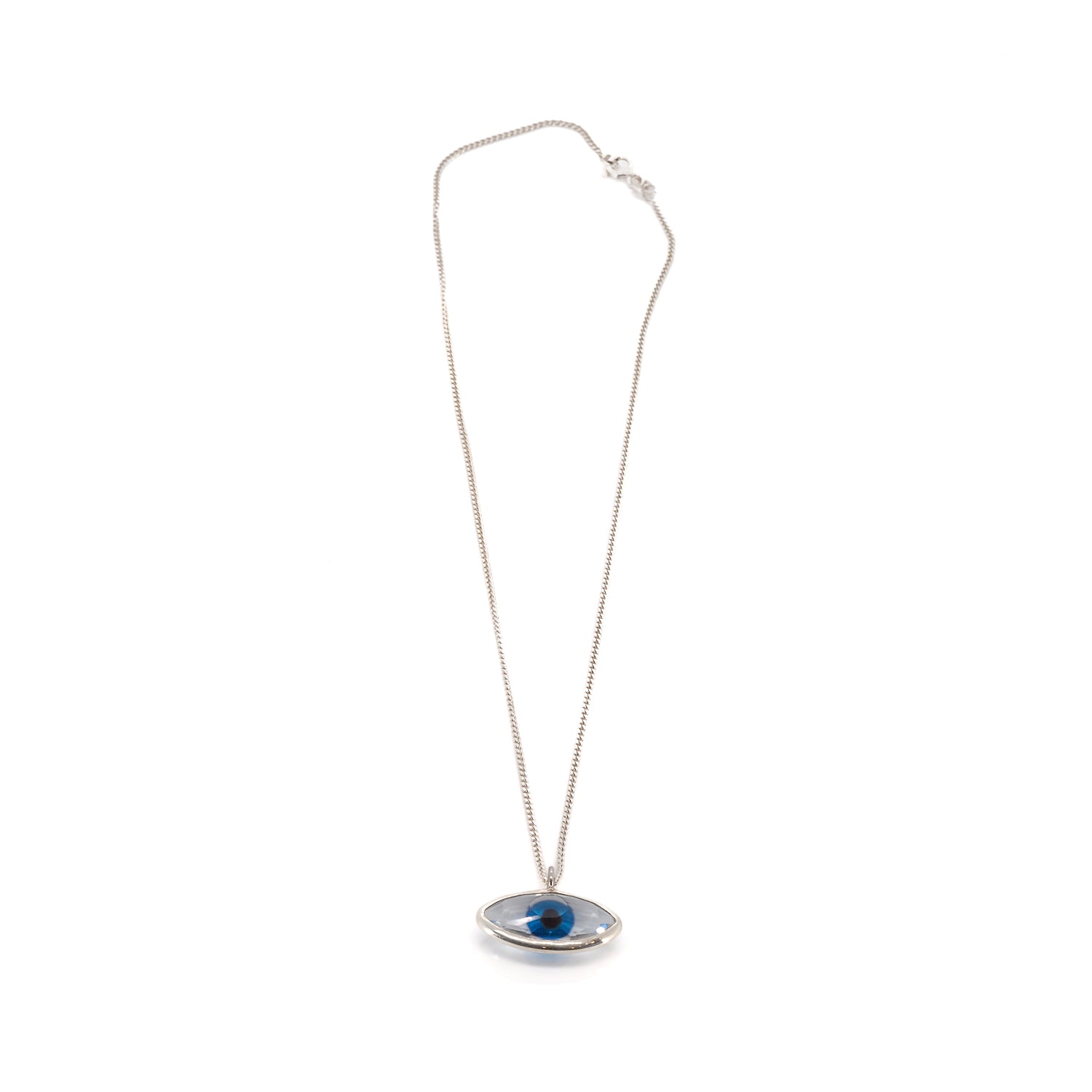 Minimalist Necklace with Blue Glass and Sterling Silver Evil Eye.