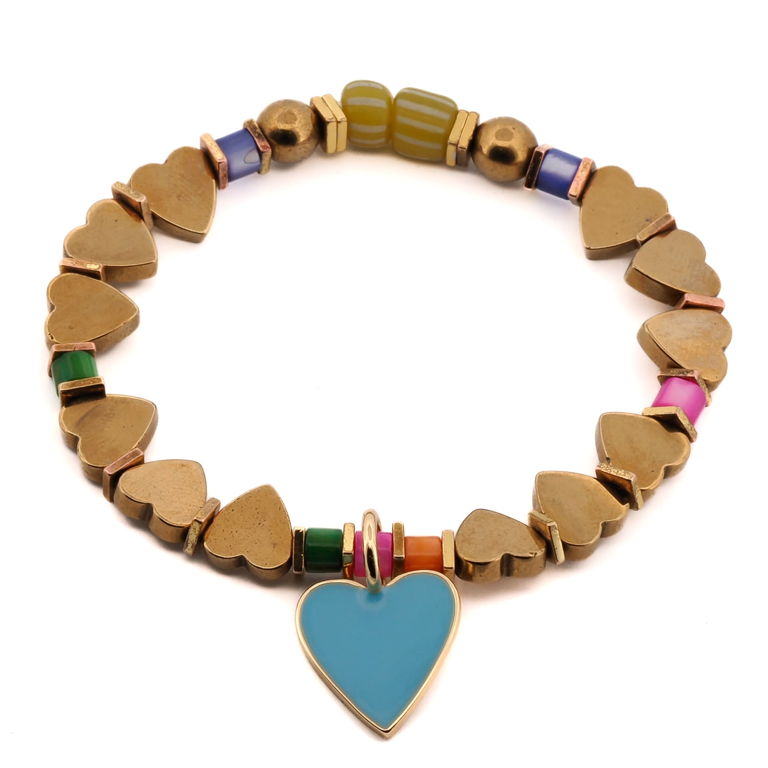 Elegant Blue Enamel Heart Charm Bracelet with Gold Beads