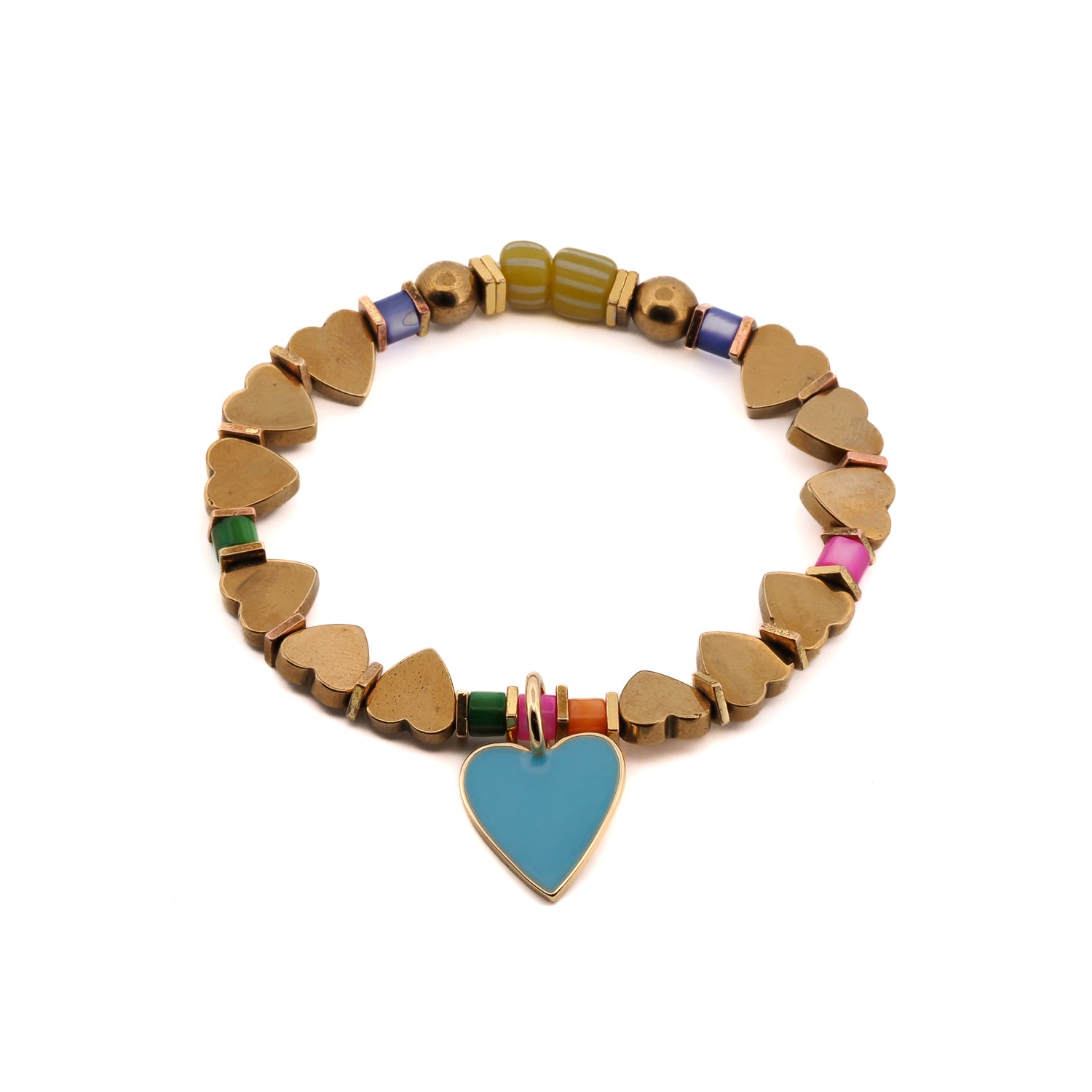 Blue Heart Charm Gold Beaded Bracelet Ebru Jewelry