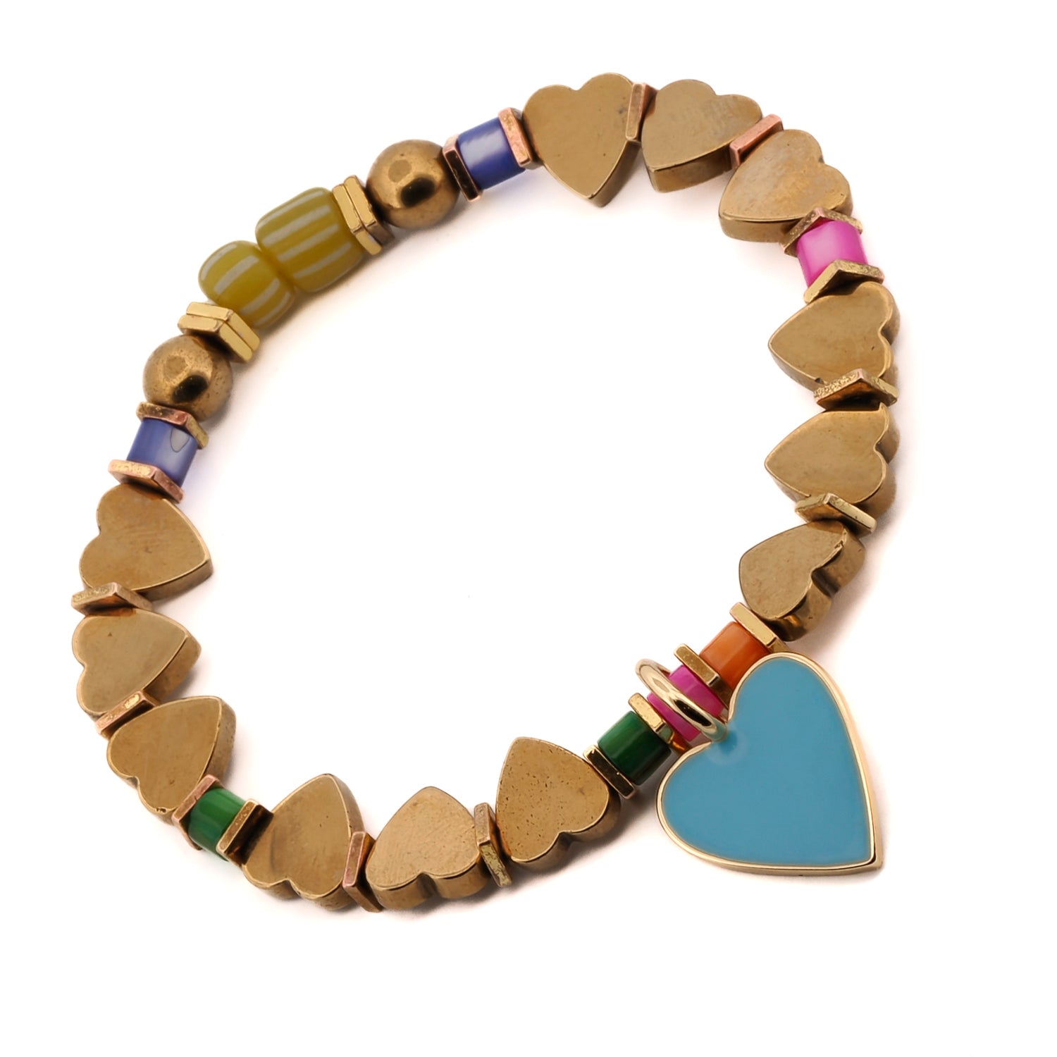 Stylish Gold Beaded Bracelet with Blue Enamel Heart