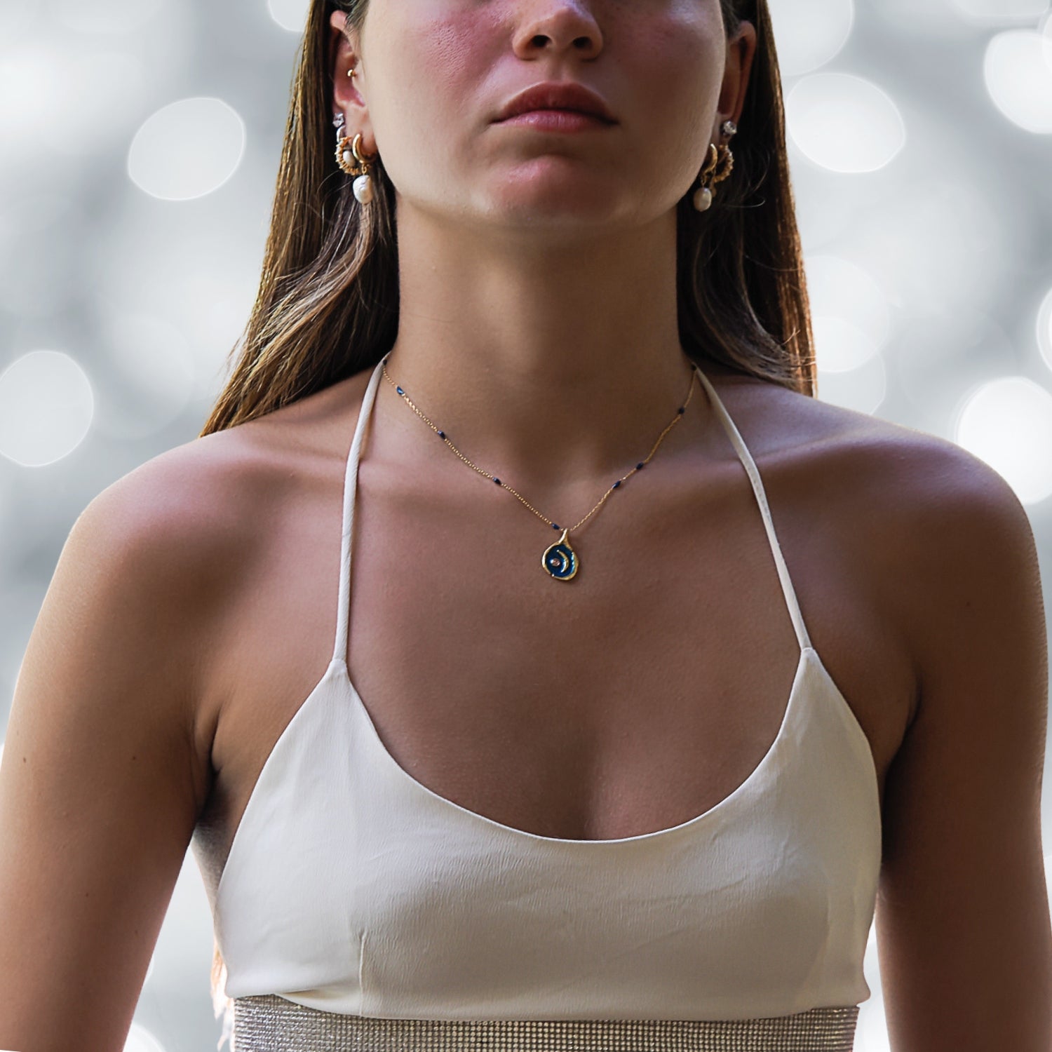 Elegant blue enamel and gold Blue Moon pendant on sterling silver chain