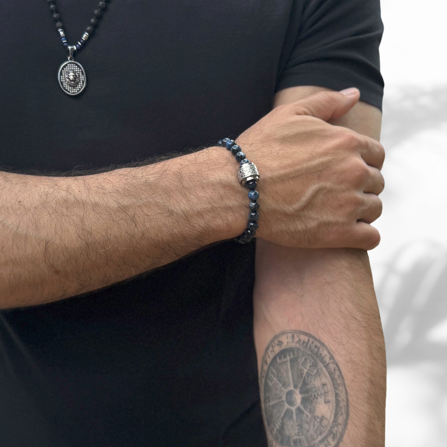 Meaningful and Sophisticated Silver Amour Bracelet with blue tiger's eye beads and a stainless steel bead for added charm