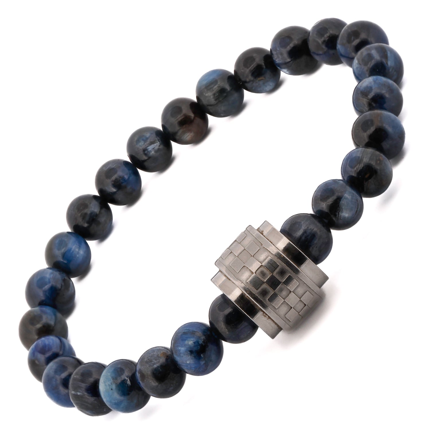 Bold Blue Tiger's Eye Stone Bracelet for Men with an 8mm bead size and a powerful Amour bead in the center