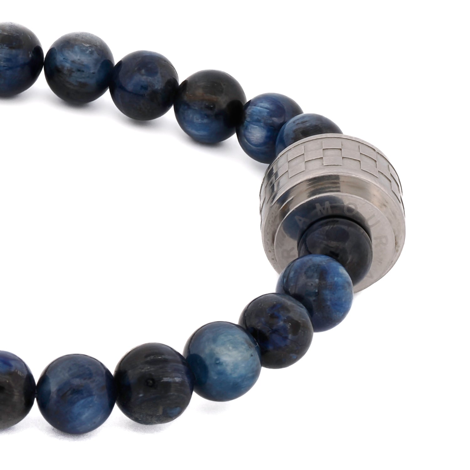 Handcrafted Silver Amour Bracelet with blue tiger's eye beads and a stainless steel bead, designed for elegance and strength