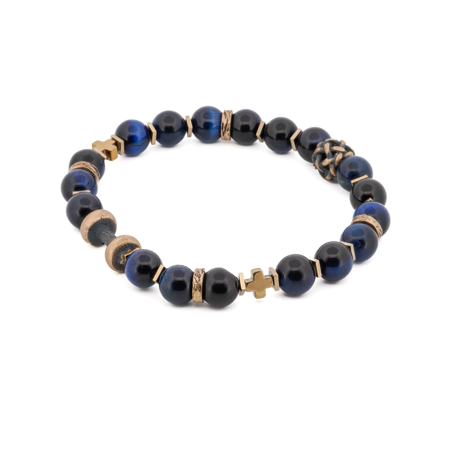 Handcrafted bracelet with 8mm blue tiger's eye stones, gold hematite spacers, and a bronze dumbbell charm
