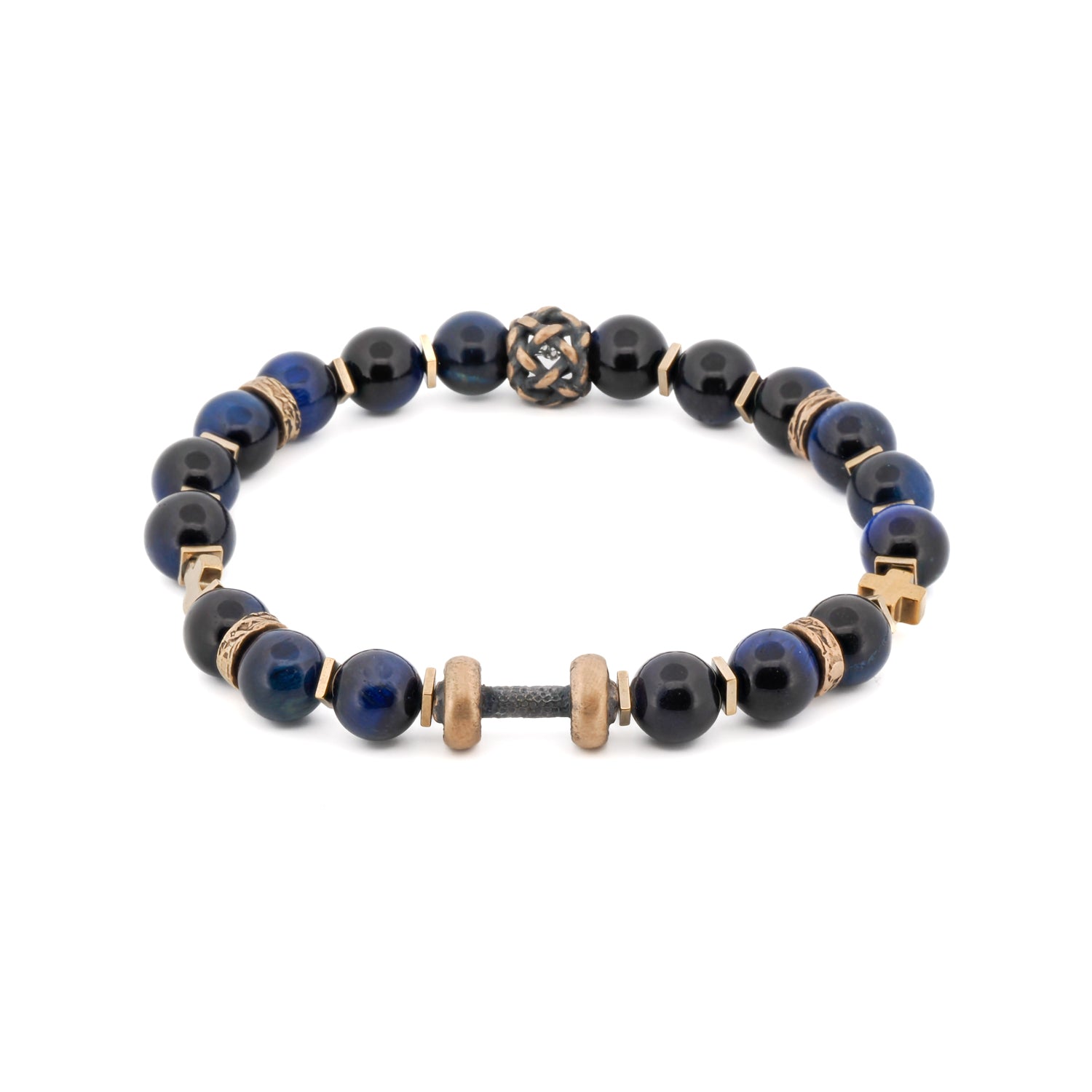 Bold bracelet featuring blue tiger's eye stone beads with a bronze dumbbell charm and gold hematite spacers
