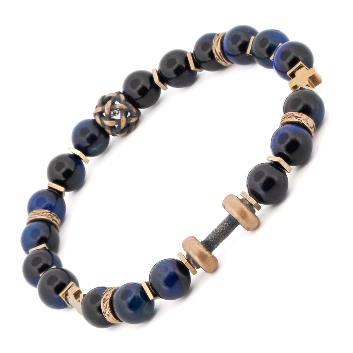 Stylish bracelet with blue tiger's eye stone beads, gold hematite spacers, and a distinctive bronze dumbbell charm