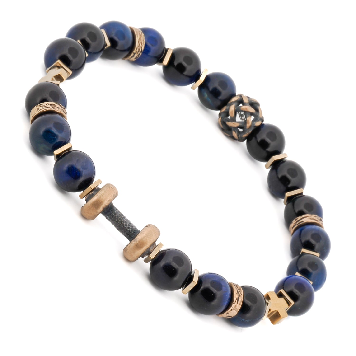 Men's beaded bracelet with blue tiger's eye stones, gold hematite accents, and a bold bronze dumbbell charm